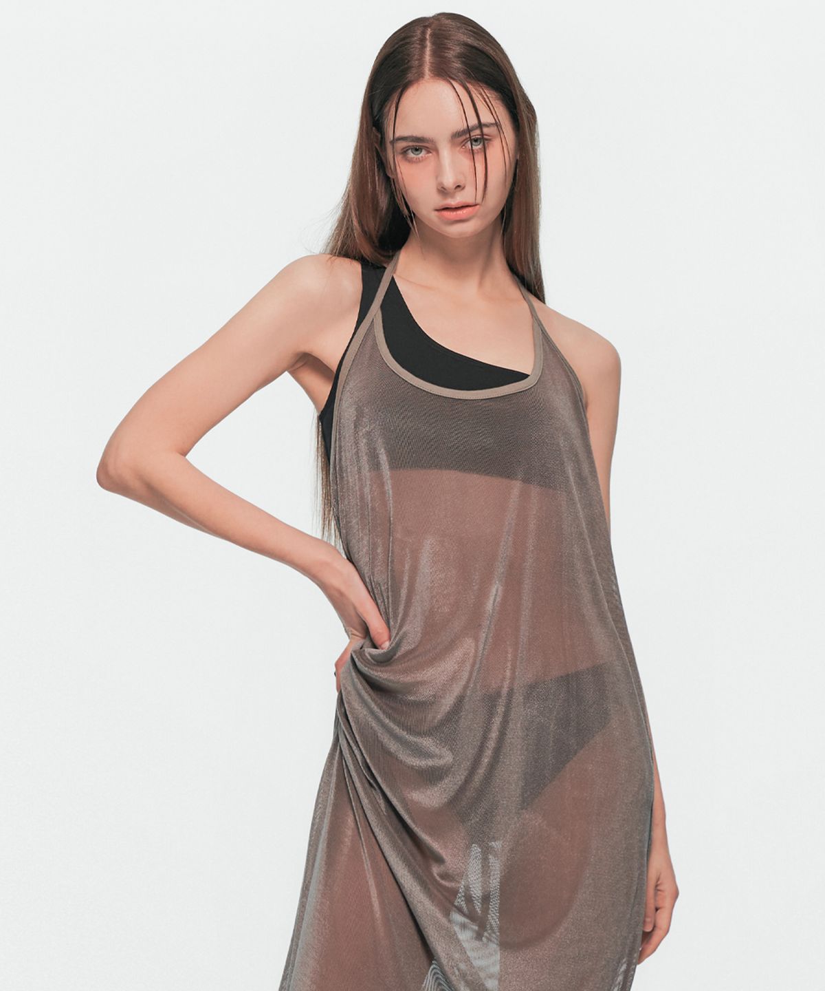 유움(UUM) VELVET MESH ONE-PIECE GRAY