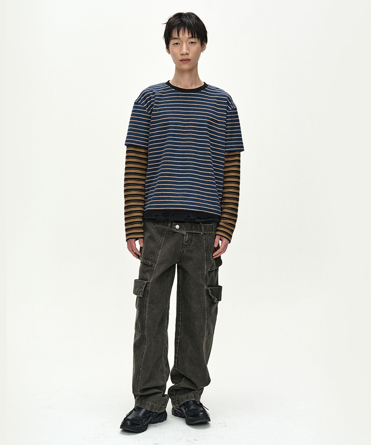 앤더슨벨(ADSB ANDERSSON BELL) UNISEX STRIPE LAYERED LONG SLEEVE T-SHIRT (BLUE)