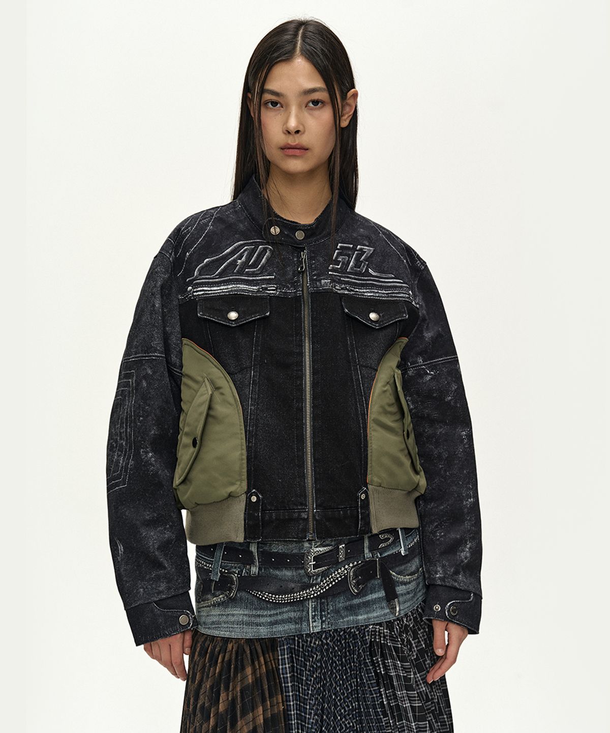 앤더슨벨(ADSB ANDERSSON BELL) NYLON PATCH RACING DENIM COMBO JACKET (BLACK)