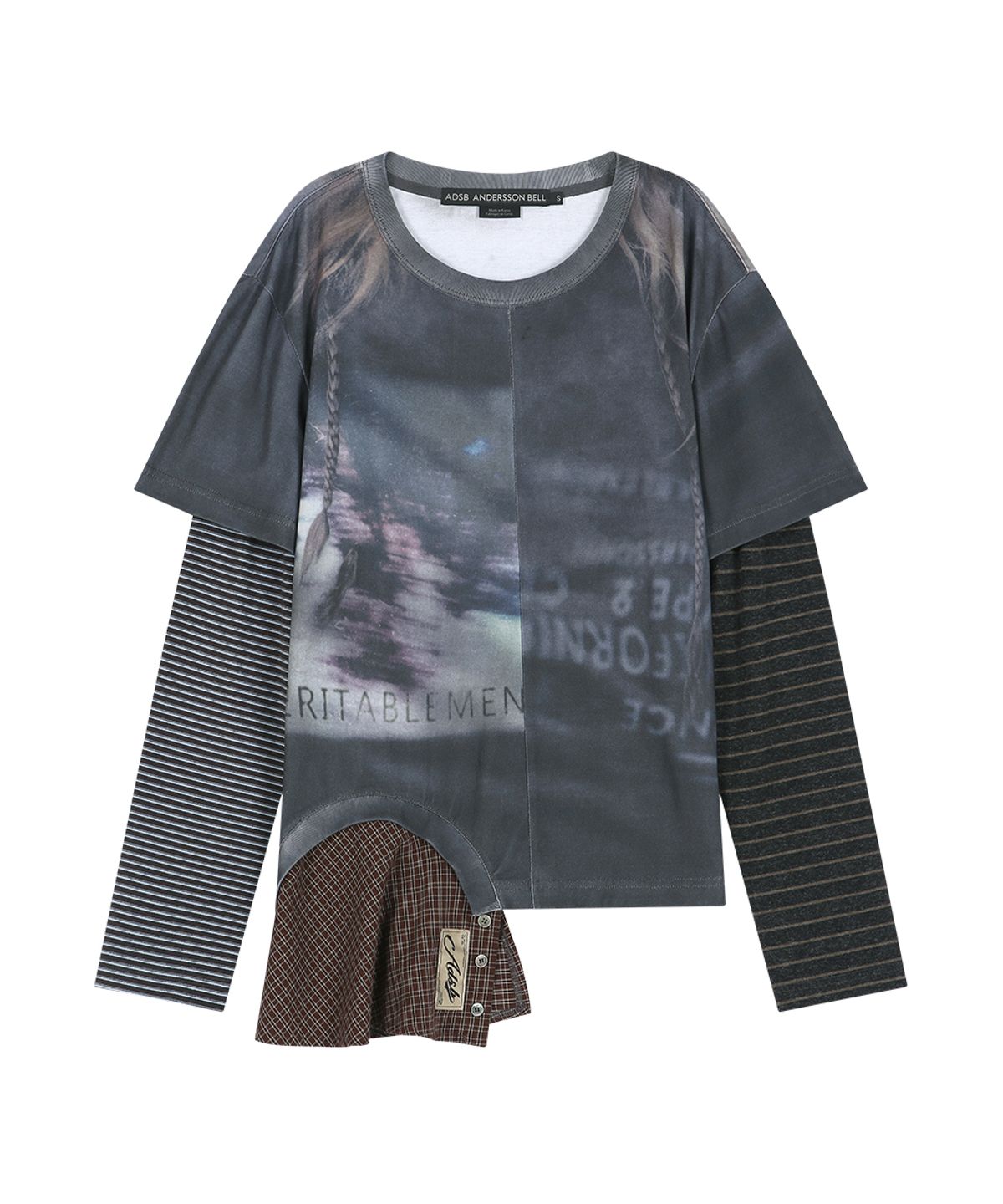 앤더슨벨(ADSB ANDERSSON BELL) MIXED STRIPE SLEEVE LAYERED TOP (CHARCOAL)
