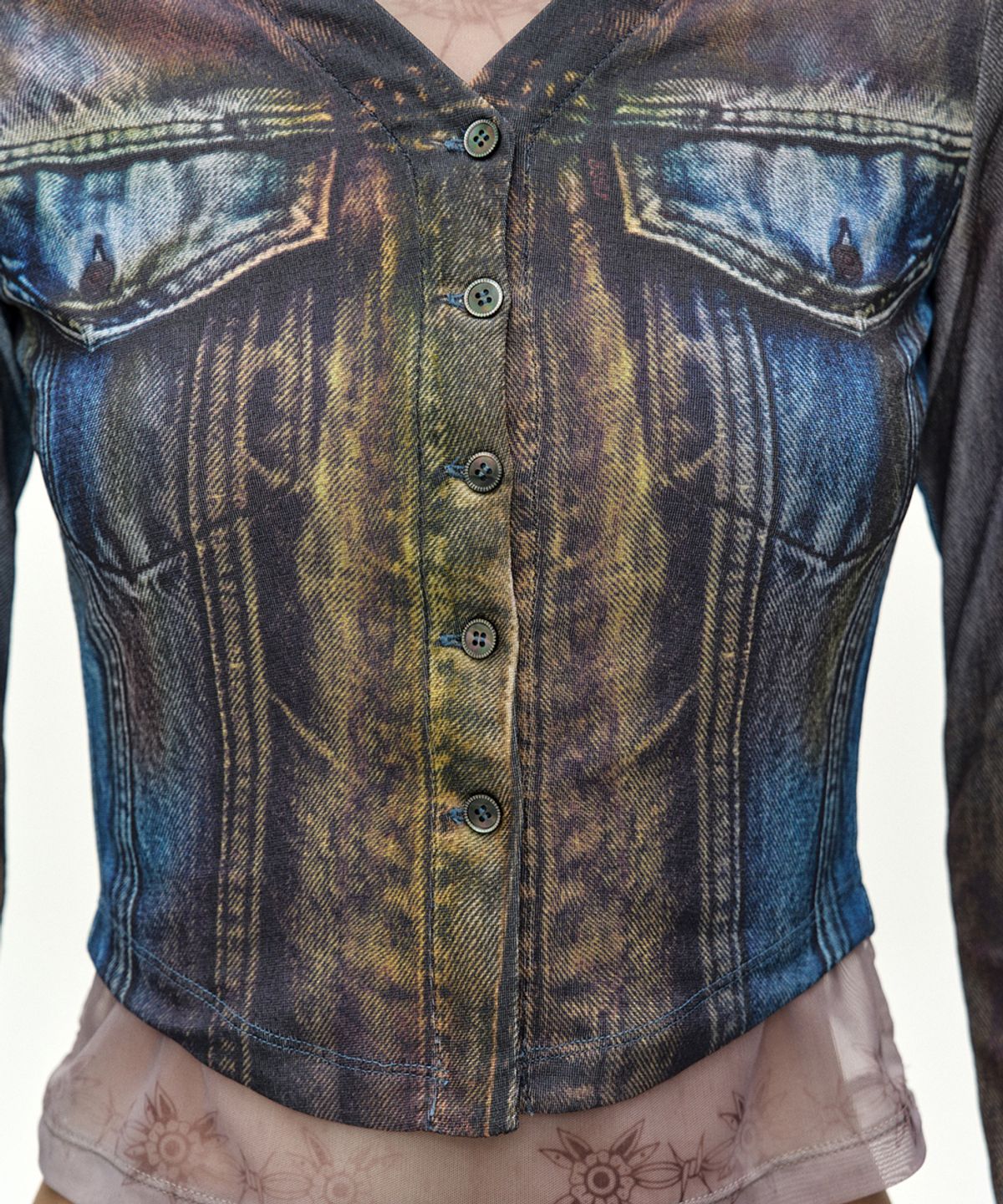 앤더슨벨(ADSB ANDERSSON BELL) TROMPE LOEIL DENIM LAYERED TATTOO TOP (BROWN)