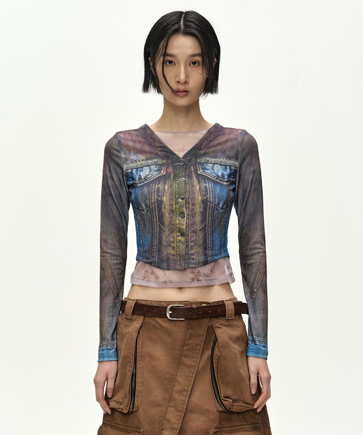 앤더슨벨(ADSB ANDERSSON BELL) TROMPE LOEIL DENIM LAYERED TATTOO TOP (BROWN)