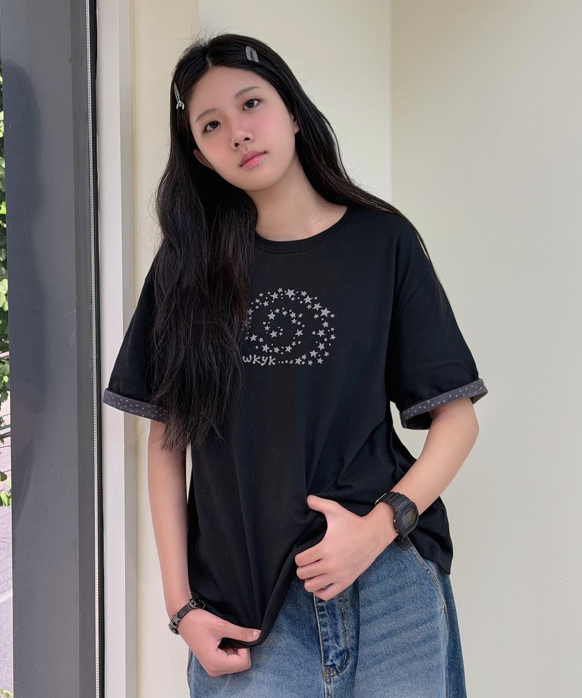 와이케이(WAIKEI) 스타 스월 레이어드 롤업 반팔티셔츠 블랙