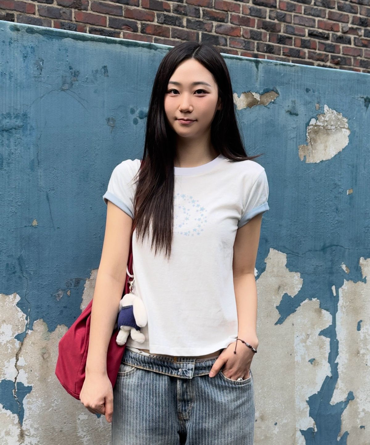 와이케이(WAIKEI) 스타 스월 레이어드 롤업 반팔티셔츠 화이트
