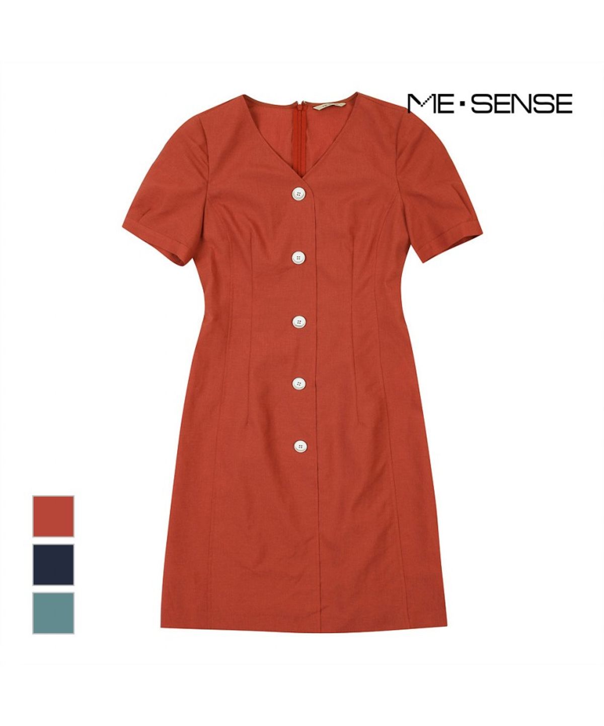 미센스(MESENSE) 브이넥 단추 벨티드 반팔 원피스_MB15OPP108A