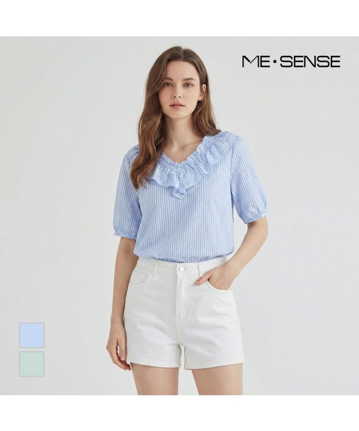 미센스(MESENSE) 브이넥 프릴 ST패턴 블라우스_MB26BLMD02Z