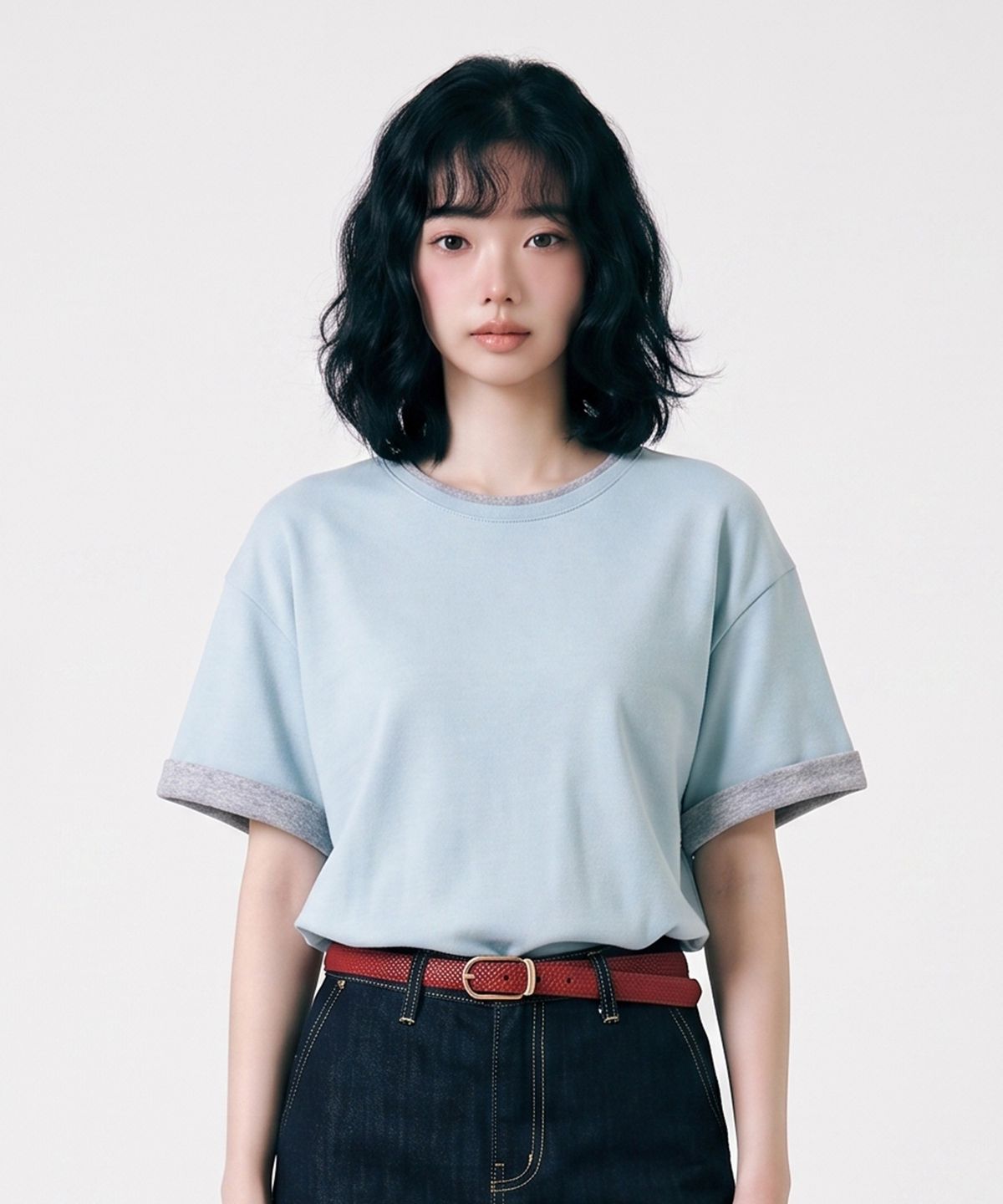 메종니아트(MAISON DE NEART) [남녀공용] 크롭 특양면 이중 넥라인 배색 롤업소매 반팔티셔츠_(5color)