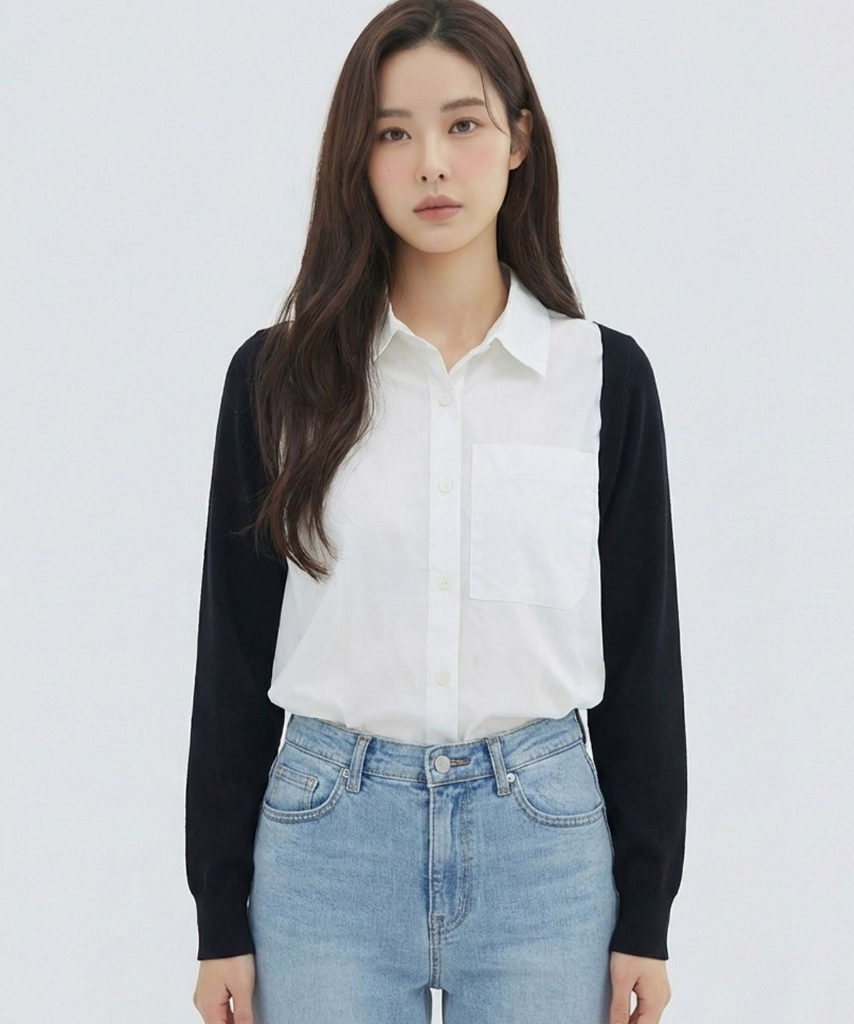 반에이크(VANAKE) 소매배색 블라우스_VB33BLMD01Z
