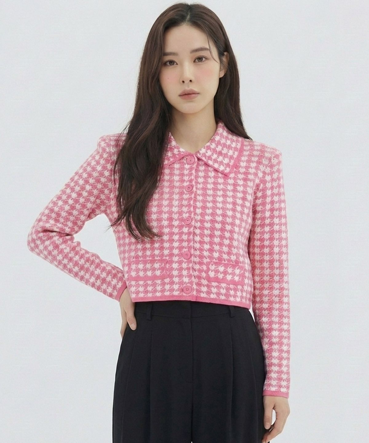 반에이크(VANAKE) 하운드투쓰 패턴 카라 니트가디건_VB33KCMV03Z