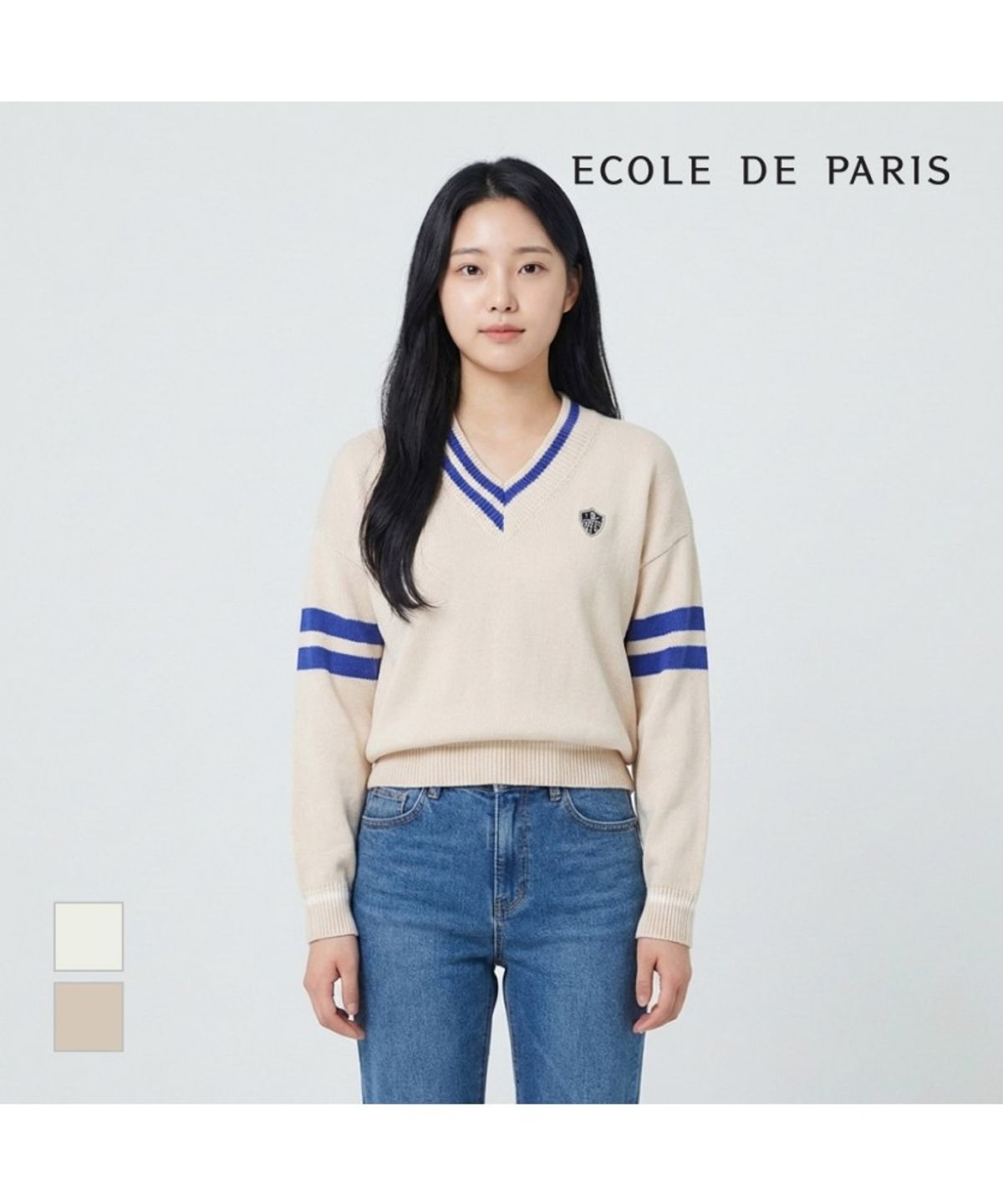 에꼴드파리(ECOLEDEPARIS) 브이넥 배색포인트 니트_RB32KKBM65Z