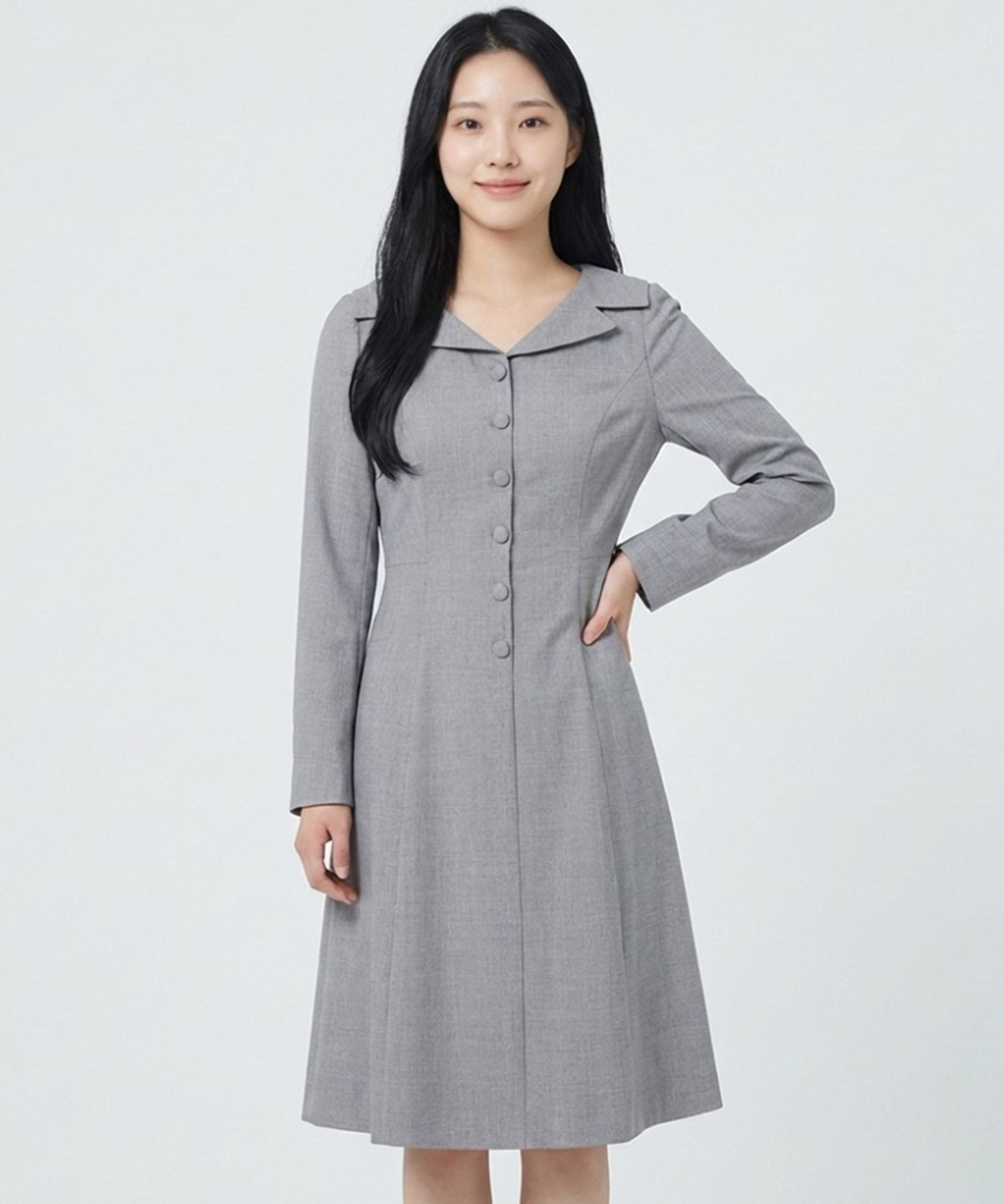 에꼴드파리(ECOLEDEPARIS) 버튼포인트 벨티드 카라 원피스_RB32WOCE33A