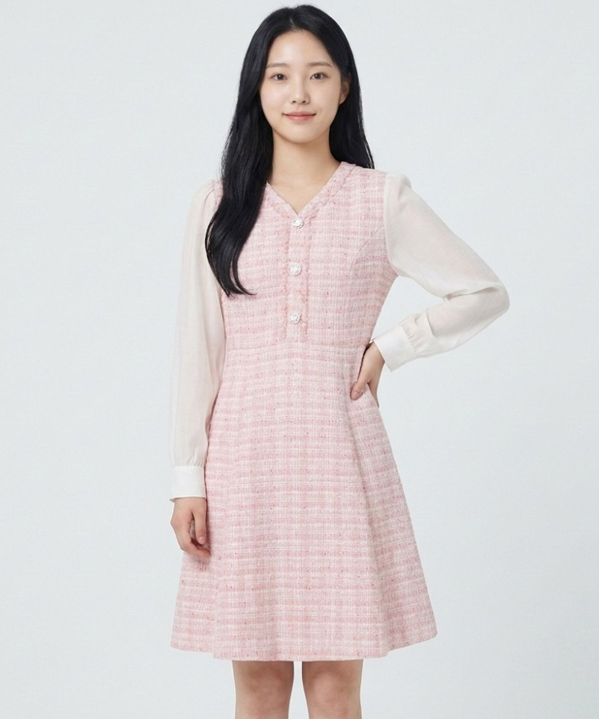 에꼴드파리(ECOLEDEPARIS) 소매배색 트위드 원피스_RB33WOAE13Z