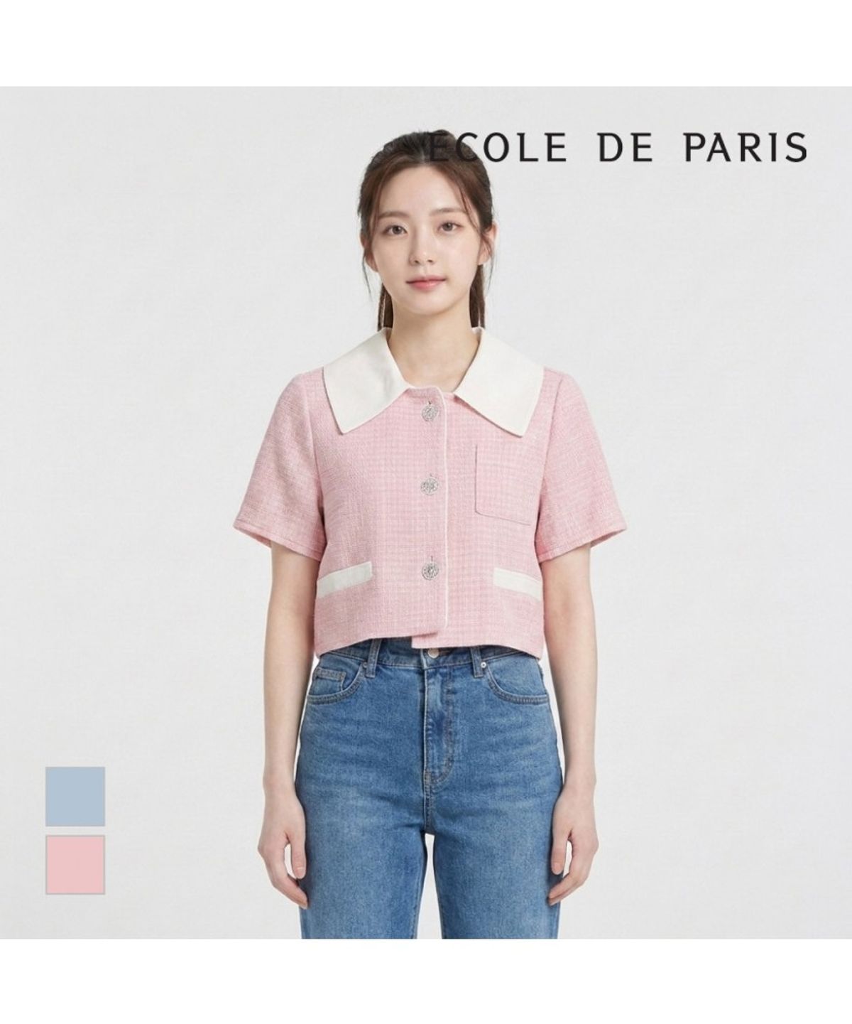 에꼴드파리(ECOLEDEPARIS) 빅카라 배색 반팔 블라우스_RB34WBAM06Z