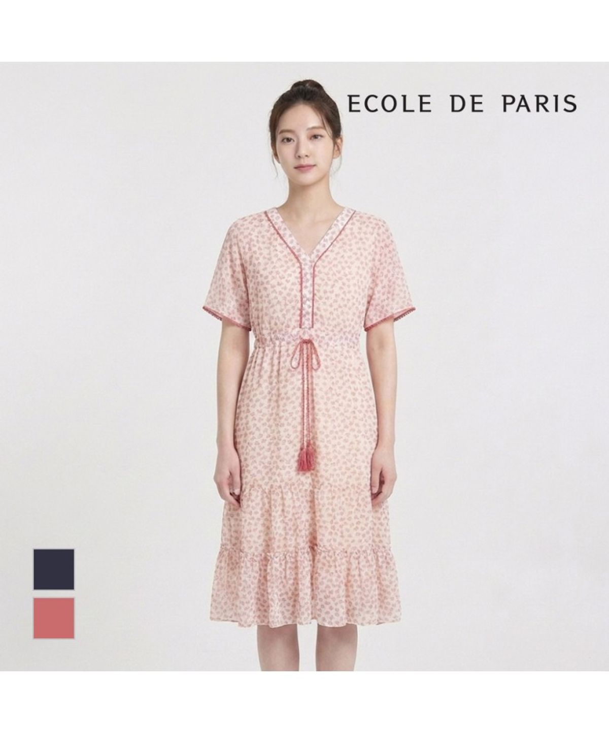 에꼴드파리(ECOLEDEPARIS) 브이넥 잔패턴 반팔원피스_CB27WOC044Z