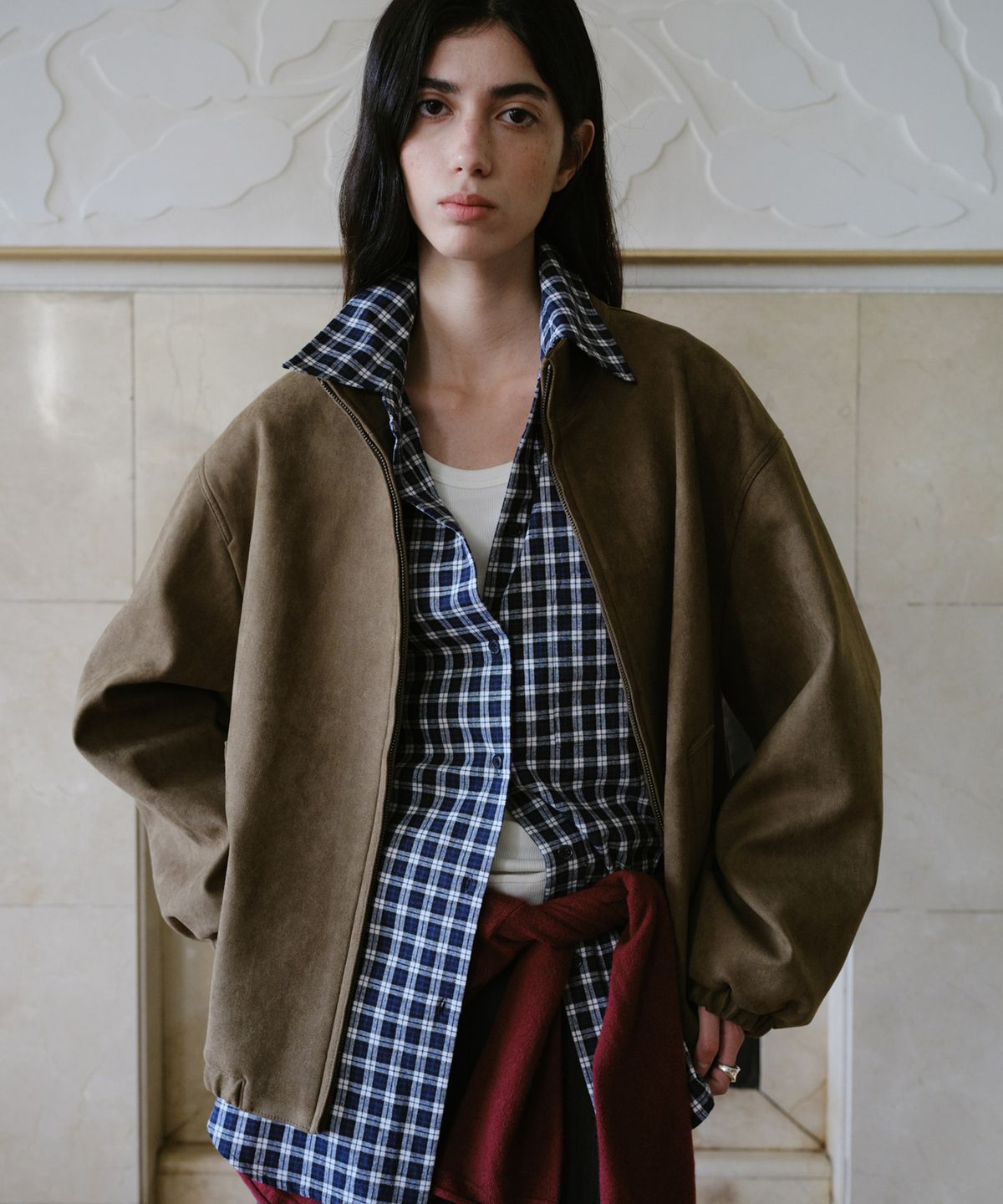 엔오르(EN OR) HIGH NECK SUEDE BLOUSON - KHAKI