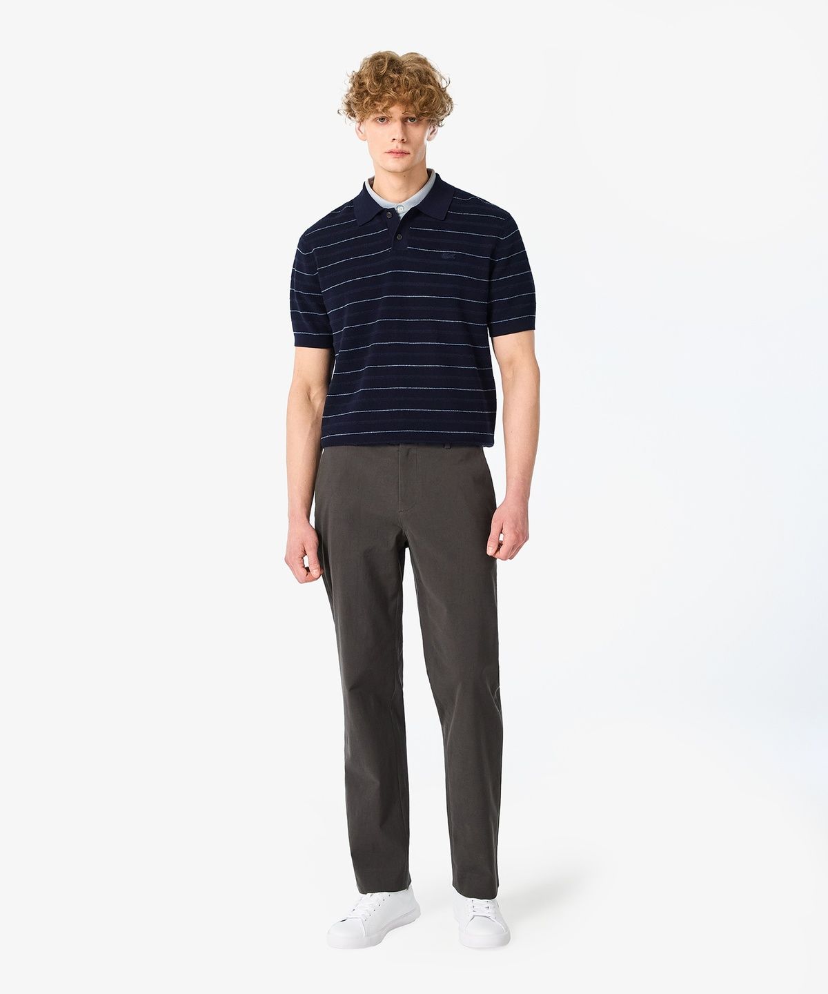 라코스테(LACOSTE) 남성 핀 스트라이프 부클 믹스 반팔 스웨터 폴로 셔츠 PH289E-56N 166