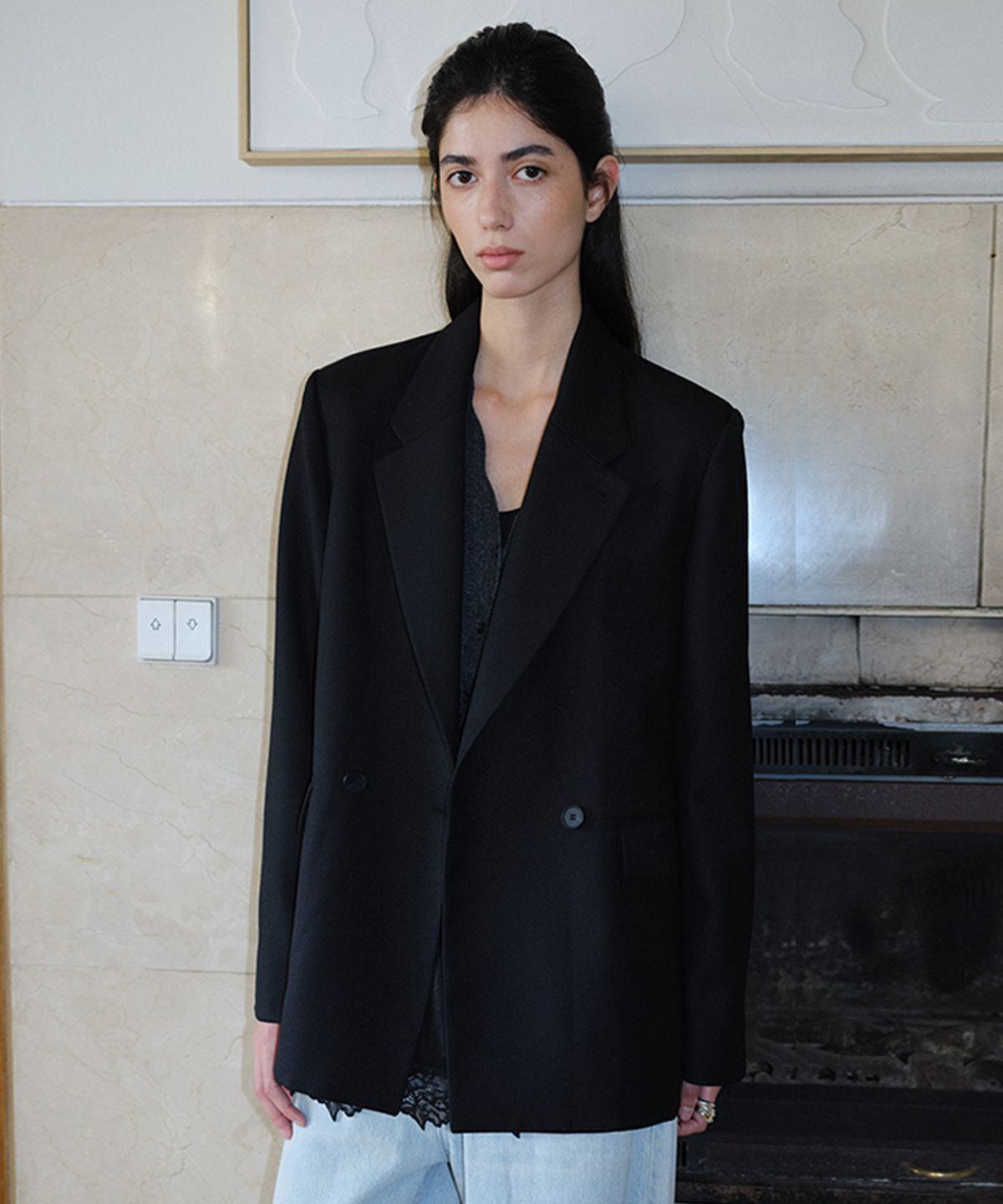 엔오르(EN OR) WOOL BLEND DOUBLE BLAZER - BLACK