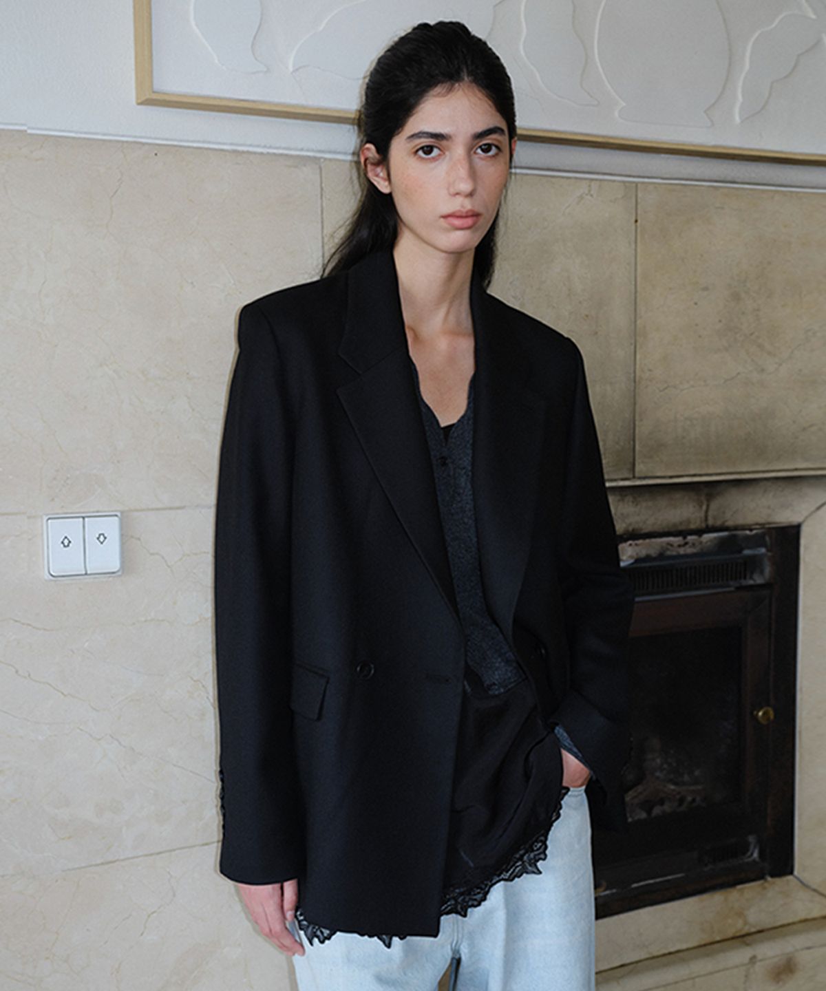 엔오르(EN OR) WOOL BLEND DOUBLE BLAZER - BLACK