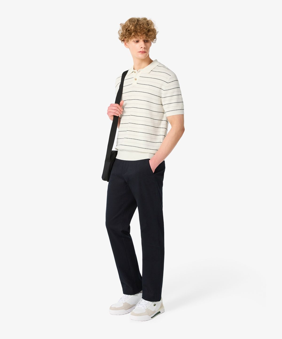 라코스테(LACOSTE) 남성 핀 스트라이프 부클 믹스 반팔 스웨터 폴로 셔츠 PH289E-56N 70V