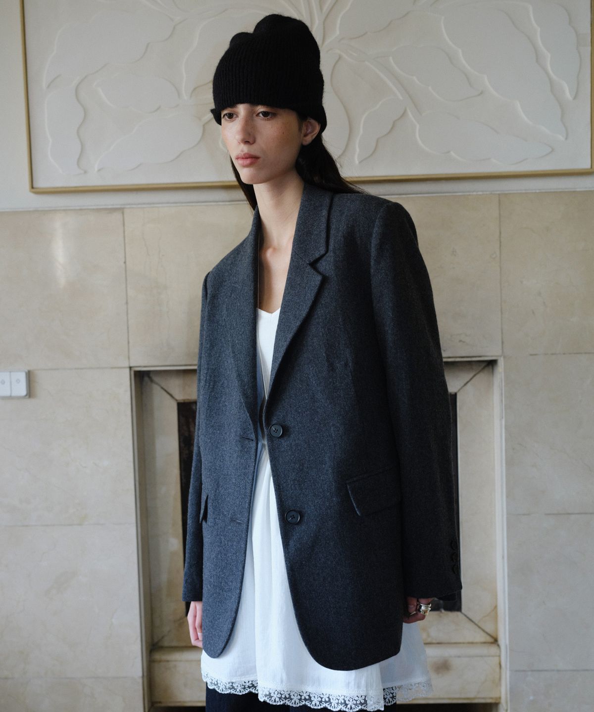 엔오르(EN OR) WOOL SINGLE TWO BUTTON JACKET - DARK GREY