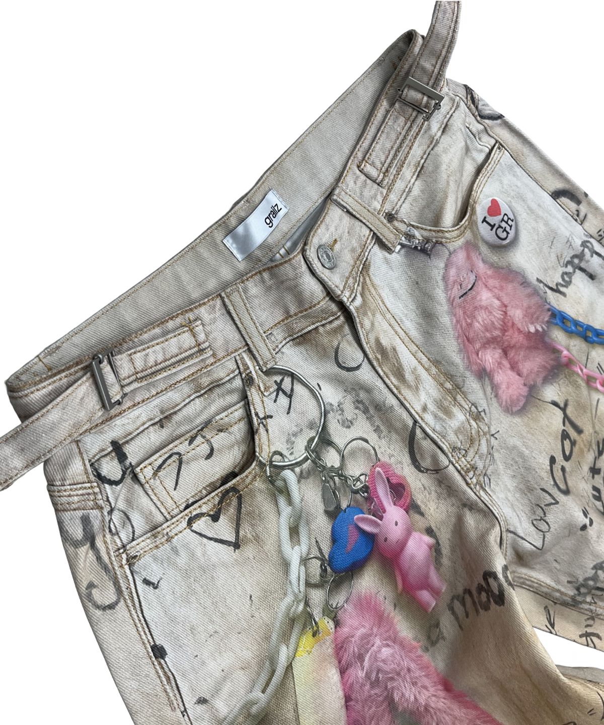 그레일즈(GRAILZ) VINTAGE KEY CHAIN ILLUSION DENIM PANTS [BEIGE]
