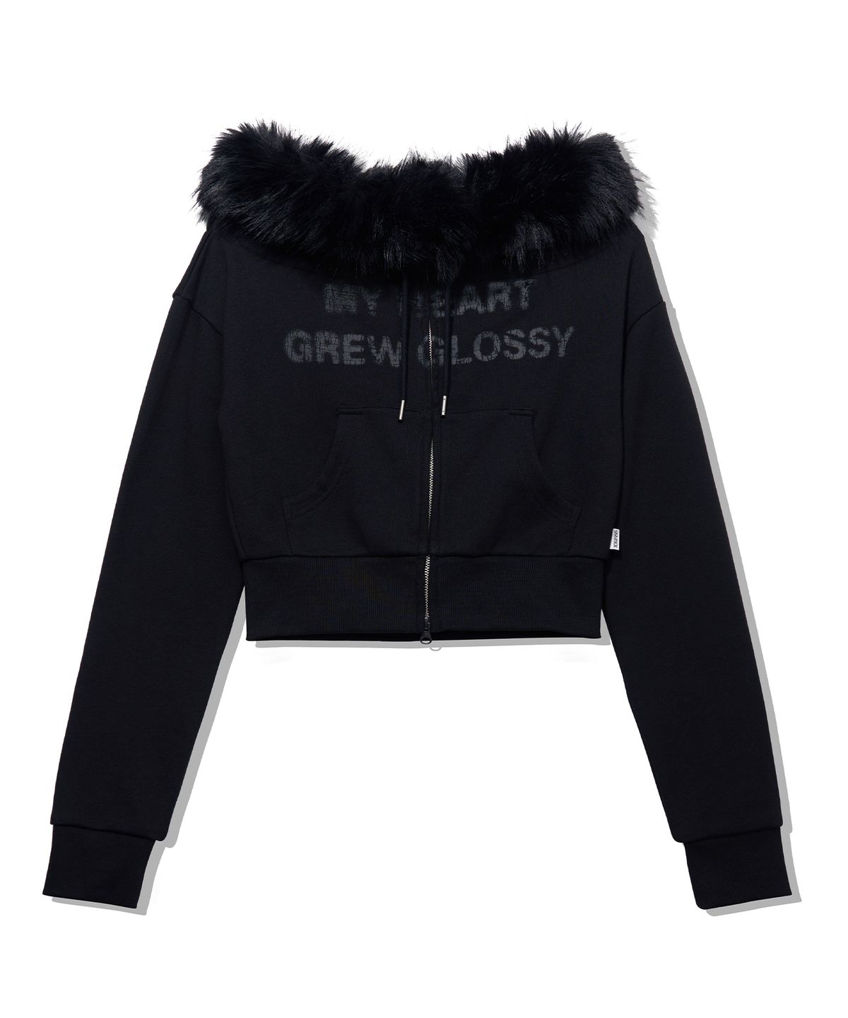 유희(YOUHEE) FUR GLOSSY OFF-SHOULDER ZIP-UP_BLACK