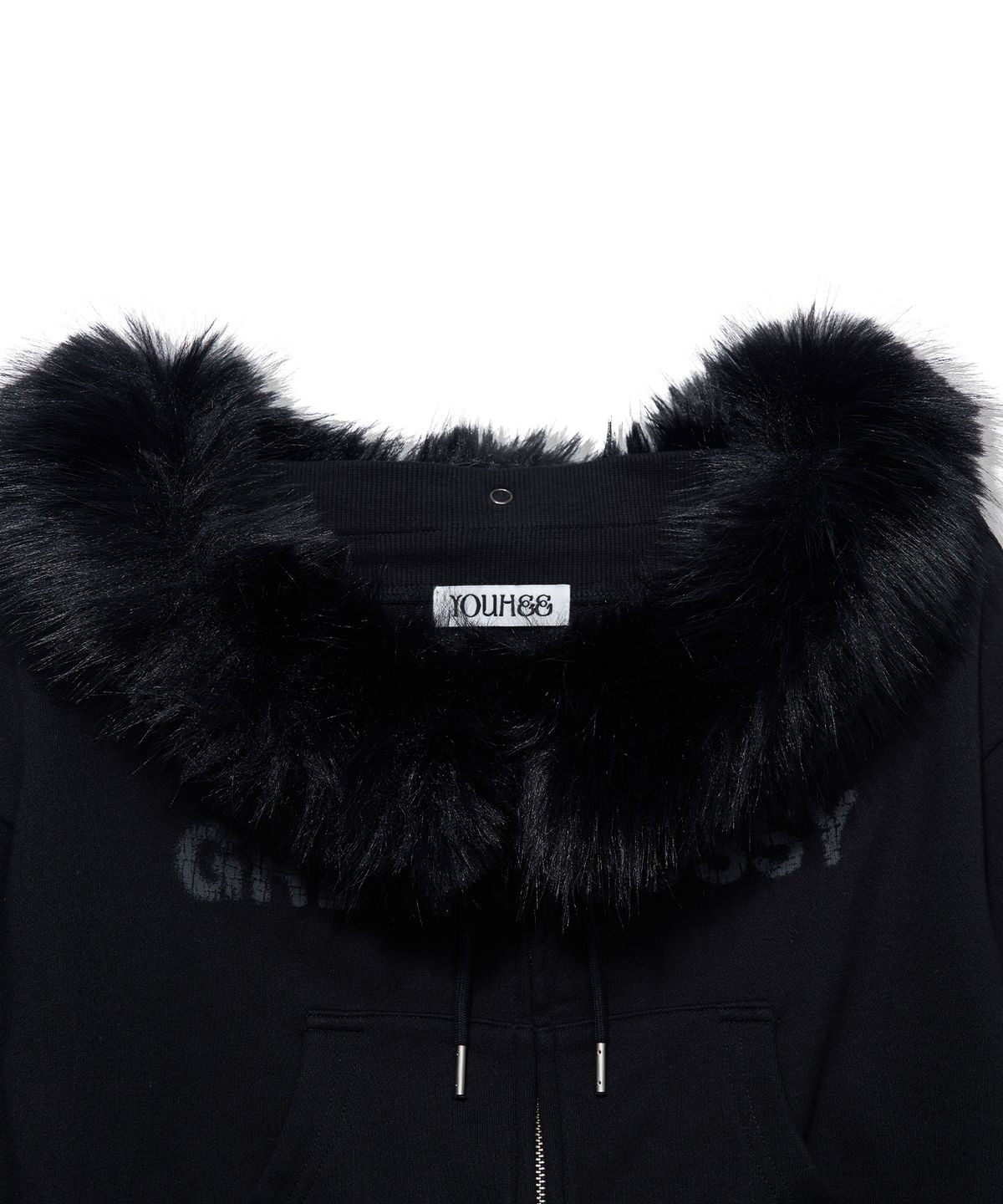 유희(YOUHEE) FUR GLOSSY OFF-SHOULDER ZIP-UP_BLACK