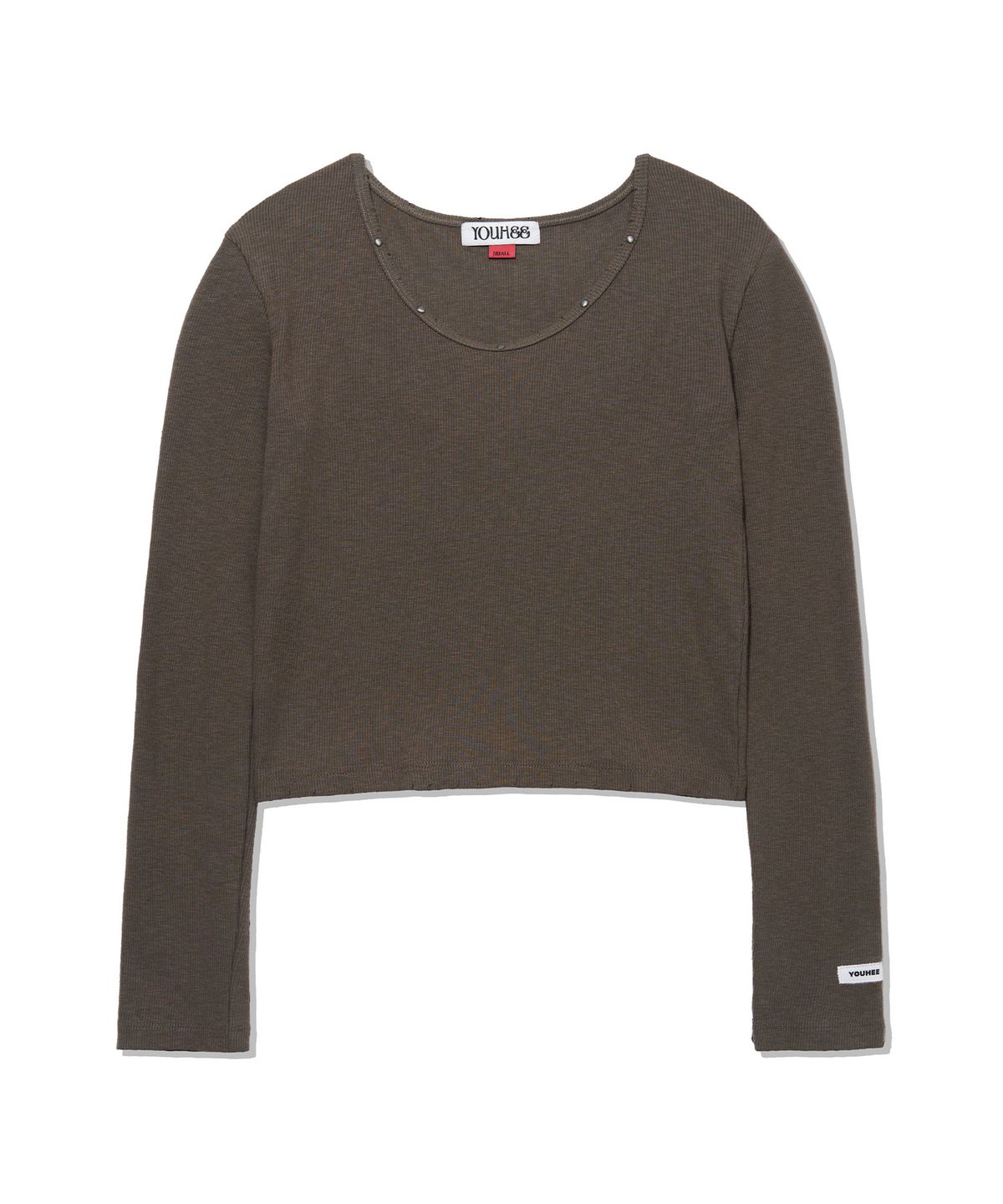 유희(YOUHEE) ESSENTIAL STUD V-NECK LONG SLEEVE_KHAKI
