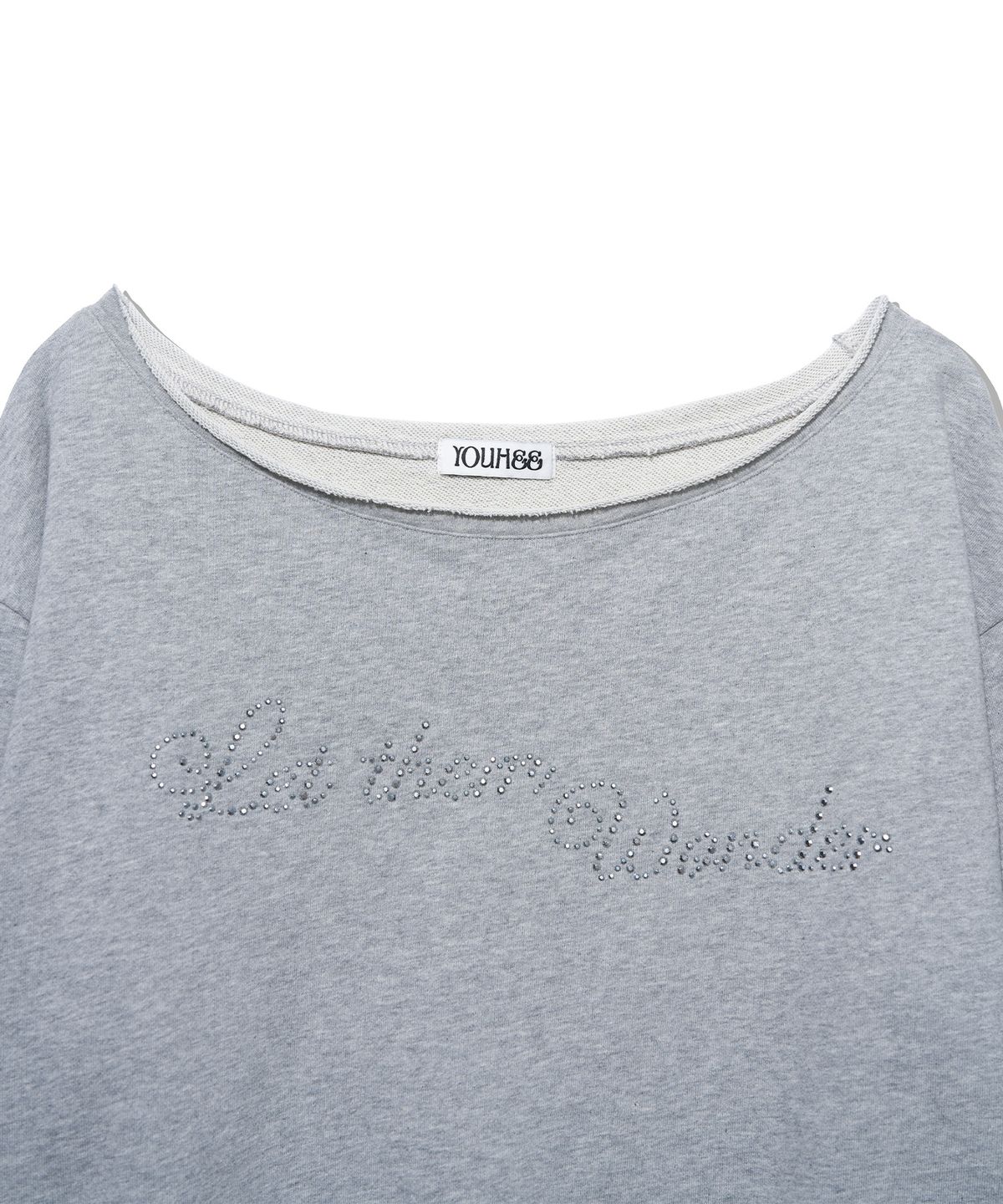 유희(YOUHEE) HOTFIX OFF-SHOULDER SWEAT SHIRTS_MELANGE GREY