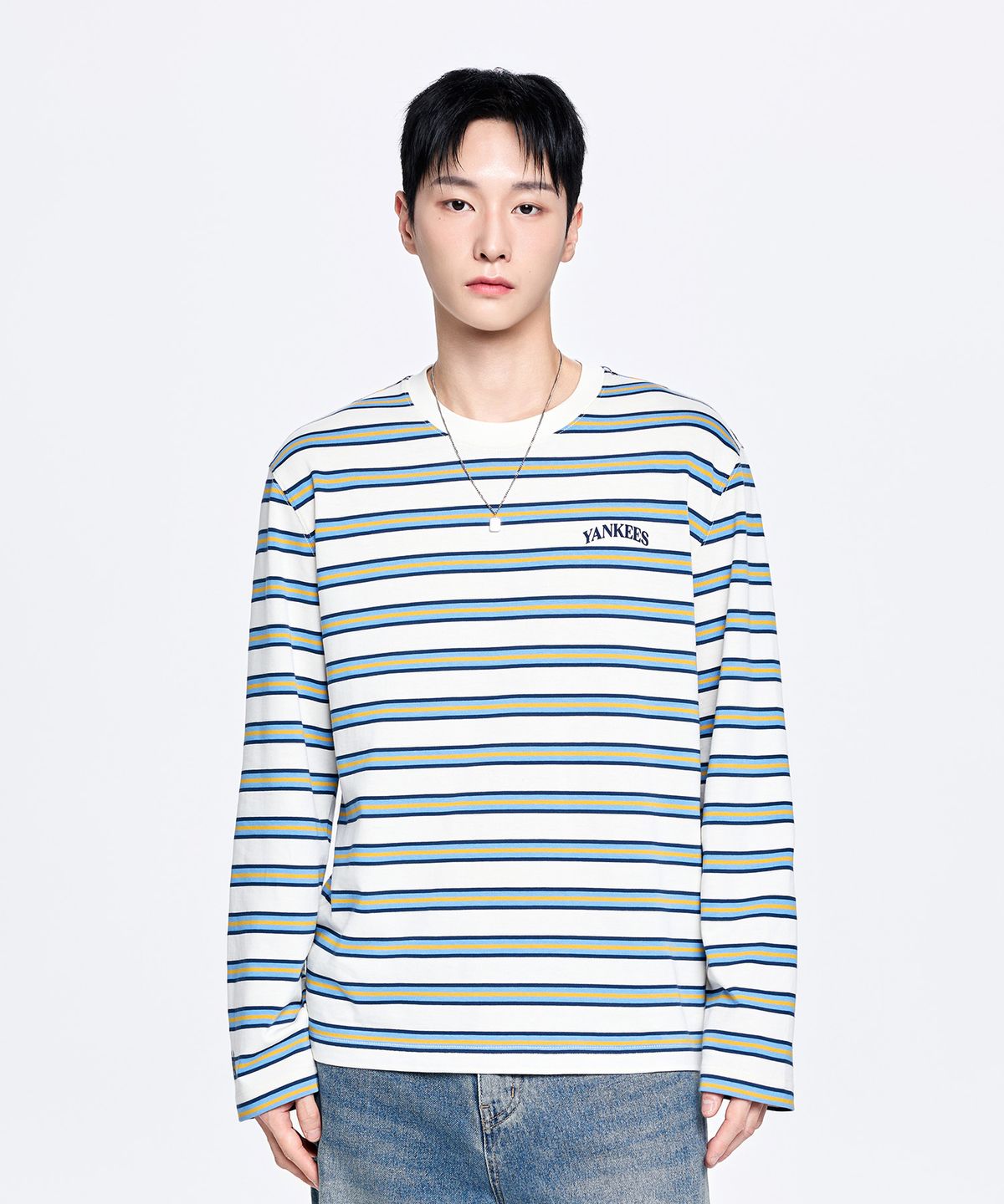 엠엘비(MLB) 스트라이프 세미 오버핏 긴팔 티셔츠 NY (Cream)