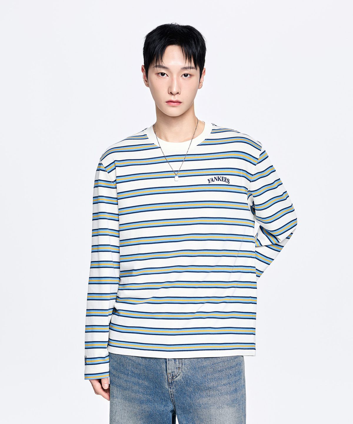 엠엘비(MLB) 스트라이프 세미 오버핏 긴팔 티셔츠 NY (Cream)