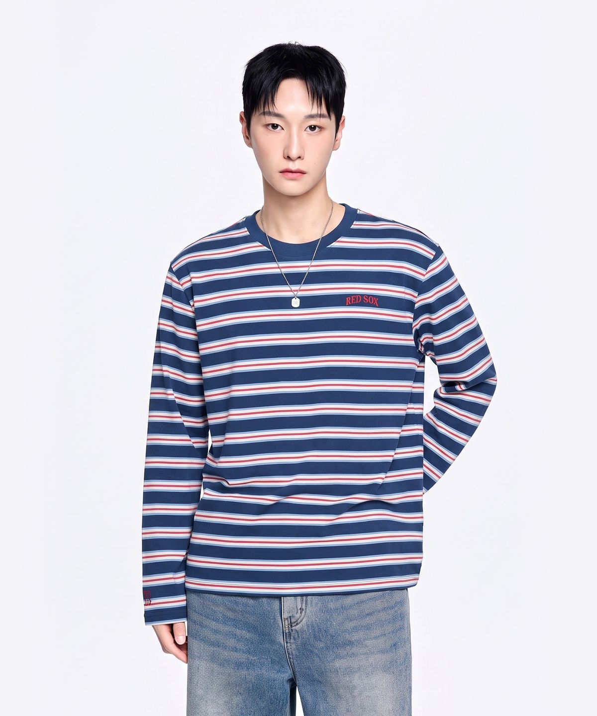 엠엘비(MLB) 스트라이프 세미 오버핏 긴팔 티셔츠 BOS (Mg.Navy)