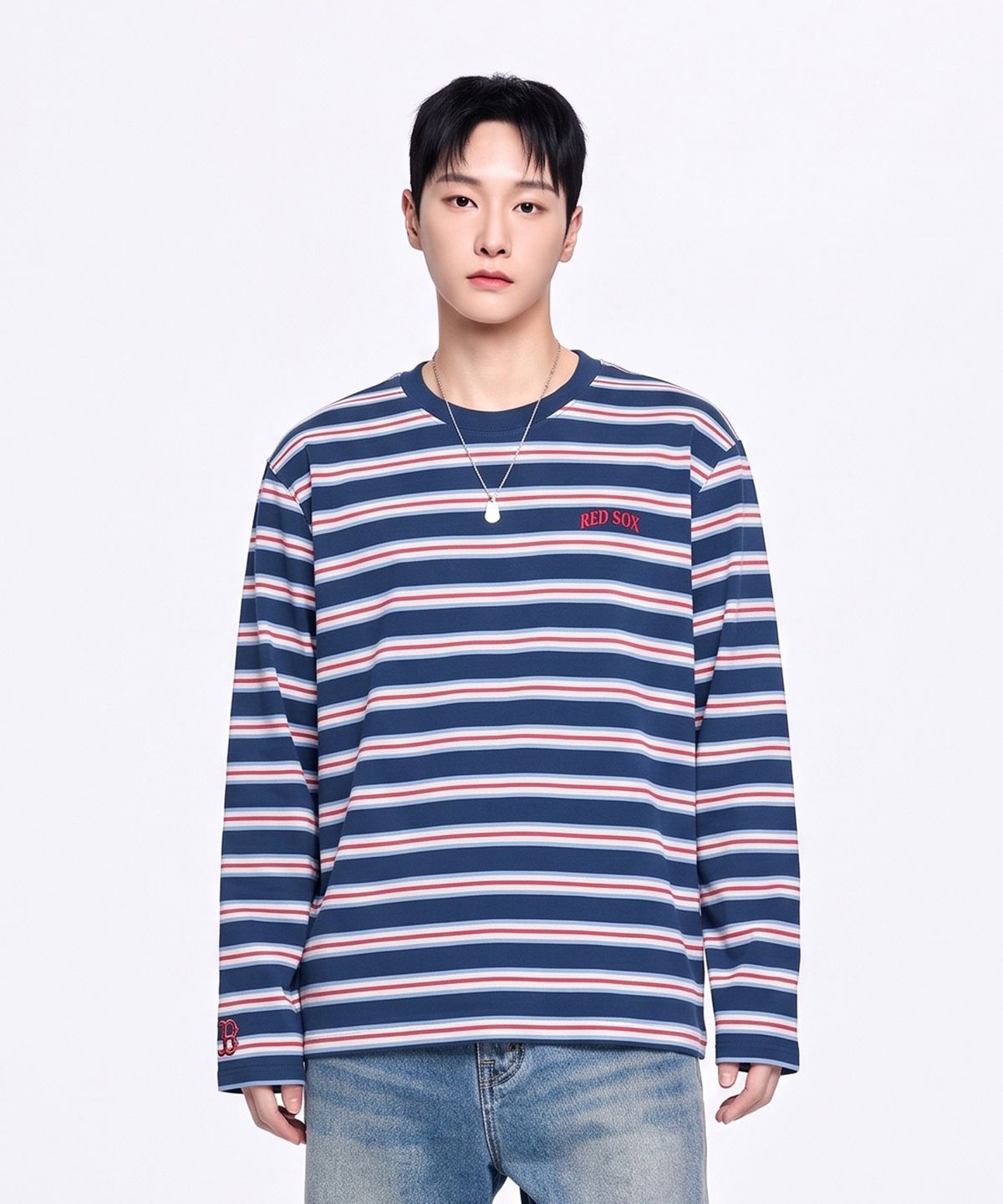 엠엘비(MLB) 스트라이프 세미 오버핏 긴팔 티셔츠 BOS (Mg.Navy)