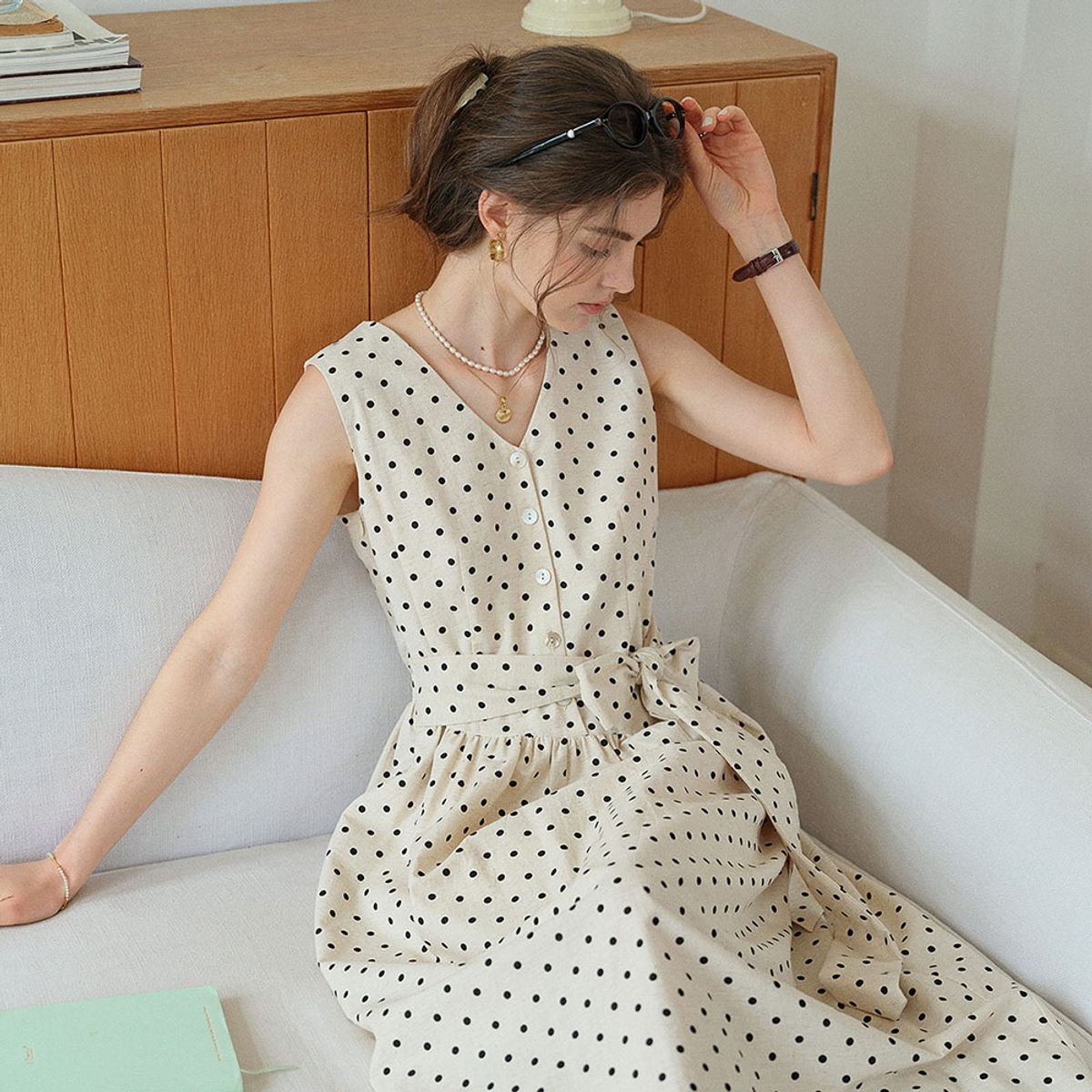 심플레트로(SIMPLE RETRO) SR_Tie-up polka dot dress