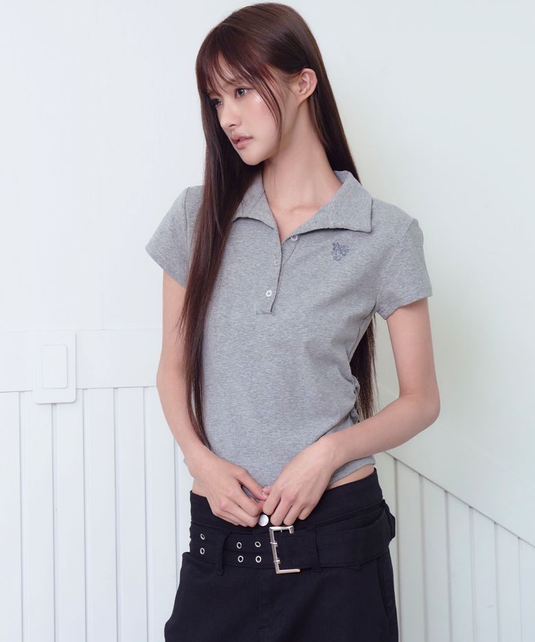 사이드 셔링 카라 반팔티 [멜란지 그레이]