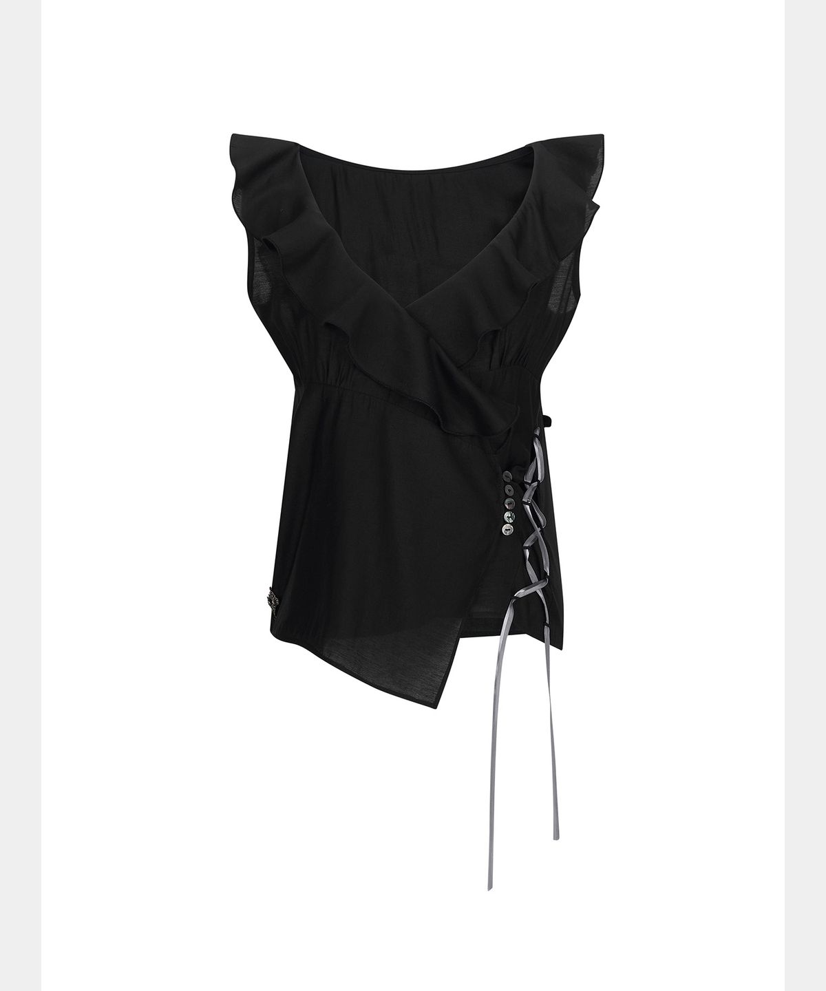 쇠아(SØAR) Corset Ruffle Wrap Blouse (BLACK)