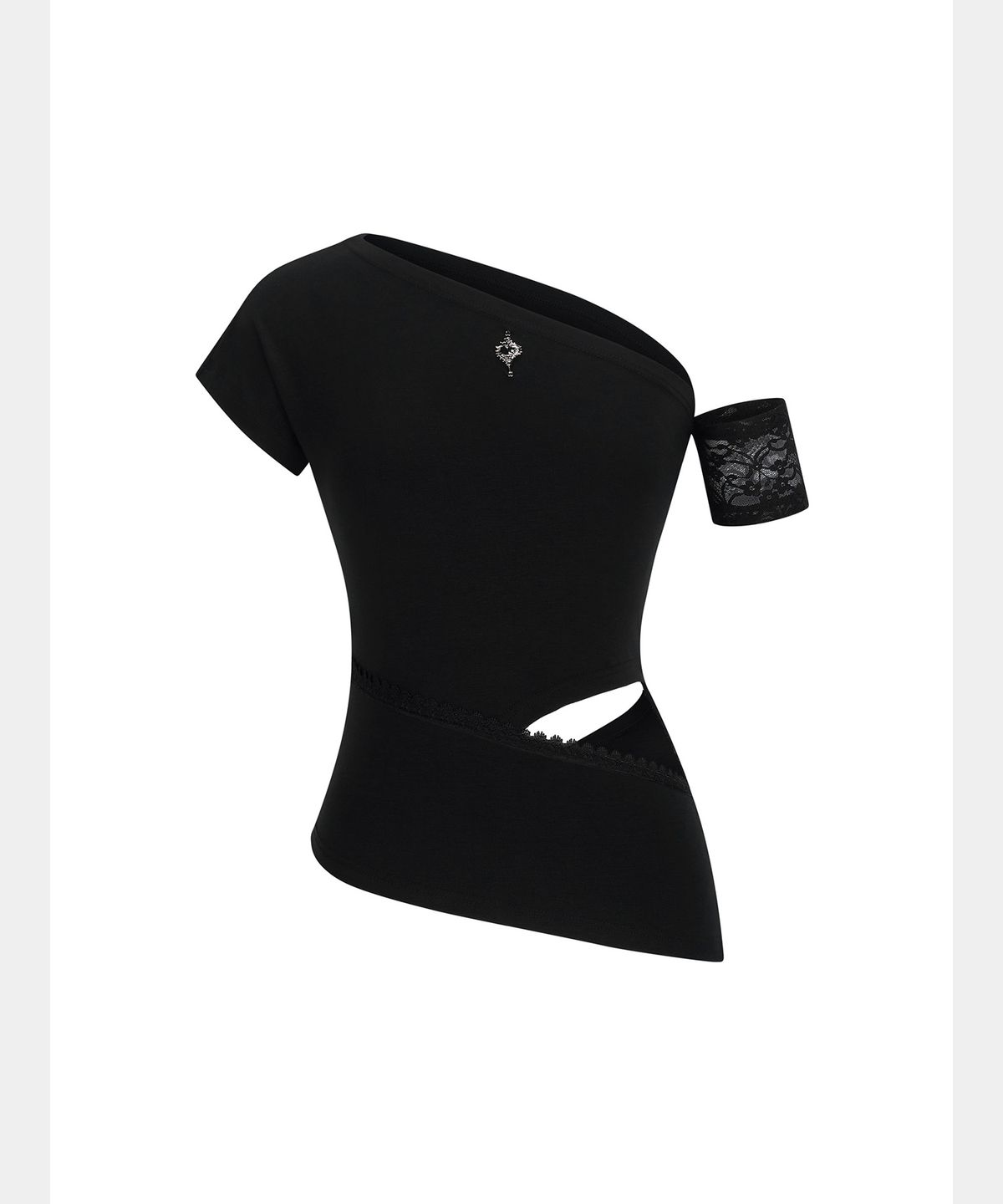 쇠아(SØAR) One-shoulder lace Cut-out Slit Top (BLACK)
