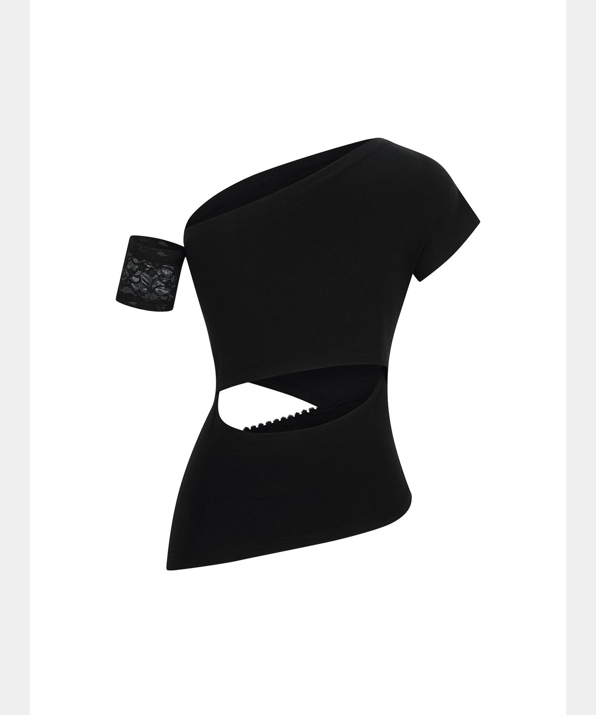 쇠아(SØAR) One-shoulder lace Cut-out Slit Top (BLACK)