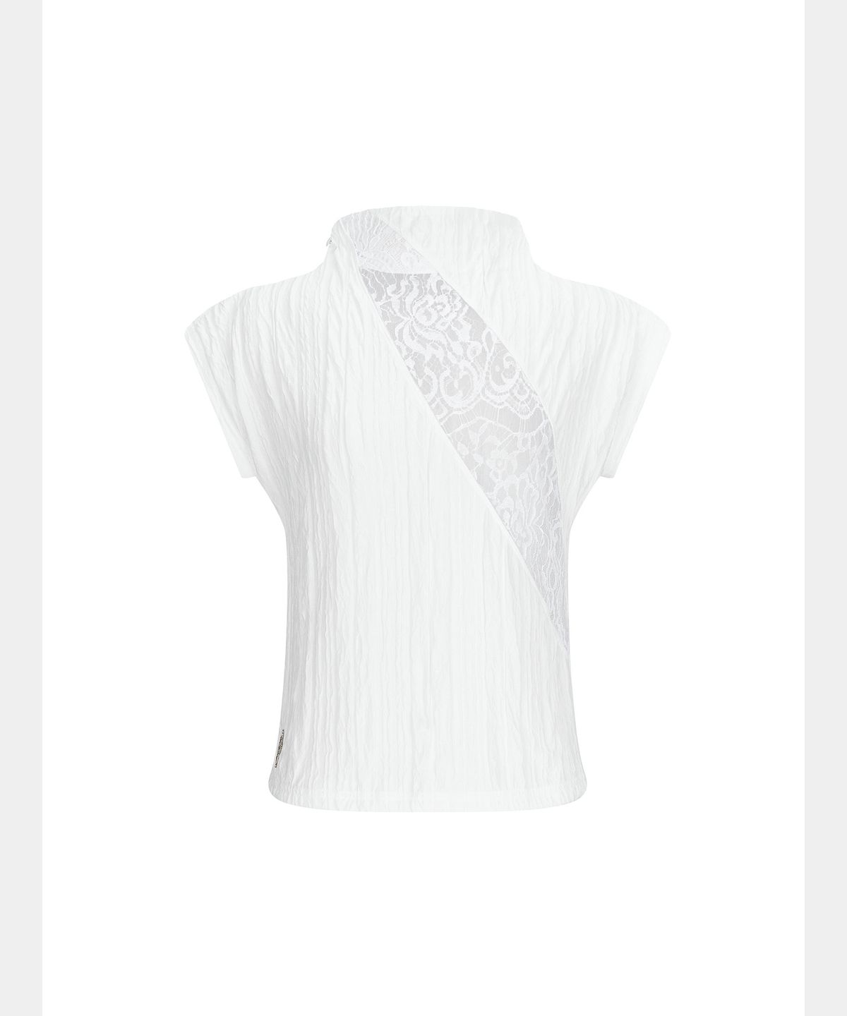 쇠아(SØAR) Crinkle Middle-Neck Lace Slit Top (WHITE)