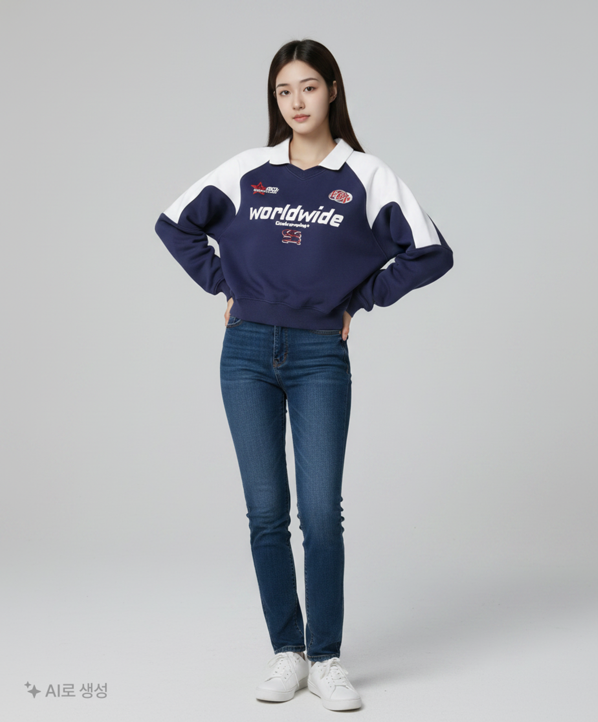 코드그라피(CGP) (우먼) WAVE 로고 스포티 카라 맨투맨_네이비 S