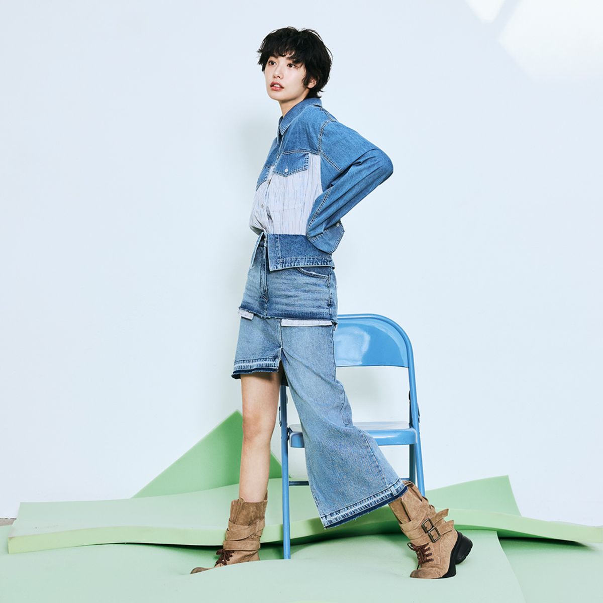 이비엠(EBM) 데님 믹스 스트라이프 셔츠 EMQ4DBL010