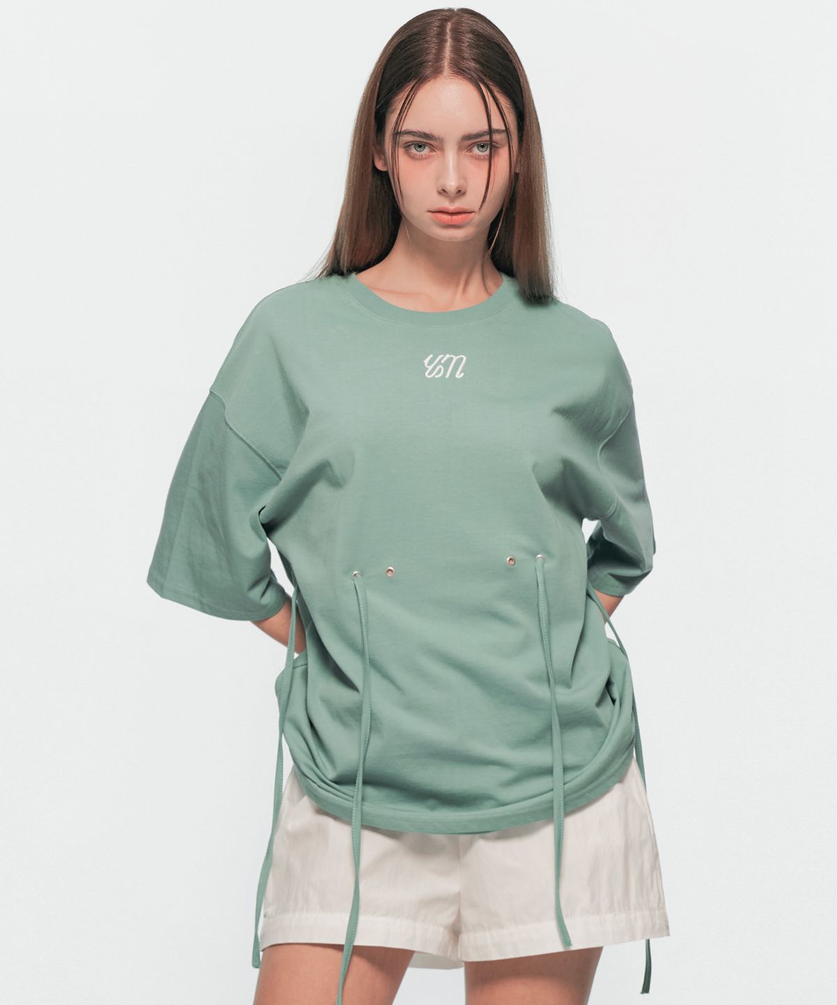 유움(UUM) EYELET STRING T-SHIRT MINT