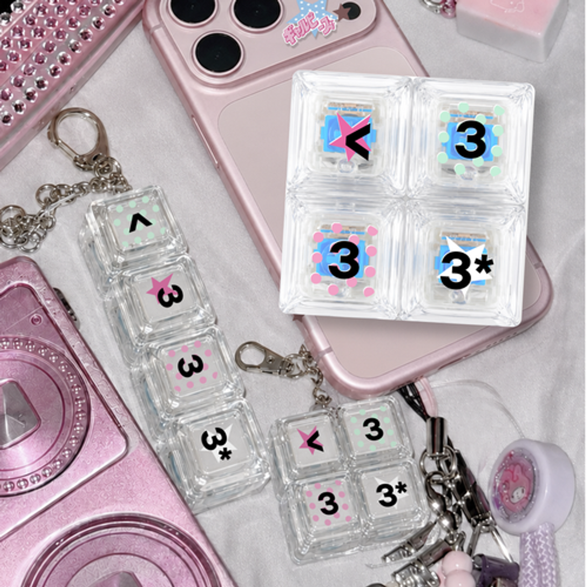 이레케이스앤굿즈(IRECASEGOODS) 333 클리어 청축 4구 키캡 Y2K 키치 도트 키보드 키캡