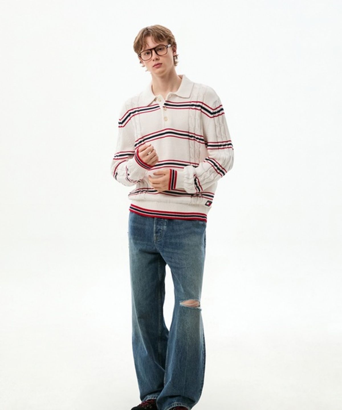 타미진스(TOMMY JEANS) 레귤러 핏 스트라이프 케이블 니트 폴로 티셔츠 (T32G6KTO11TMT1YBH)