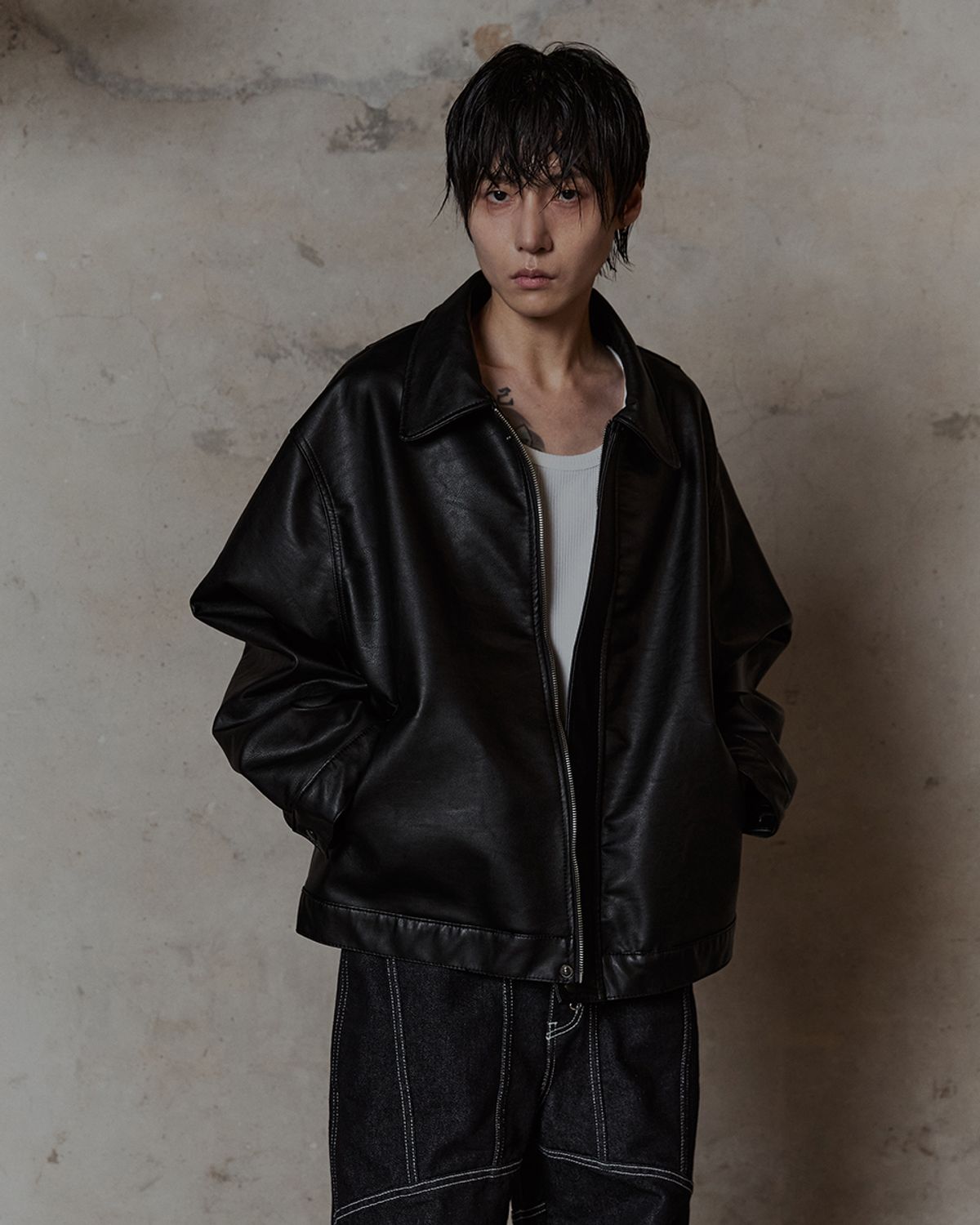 덤(THUMB) Lamb skin Faux Leather jacket (Black)