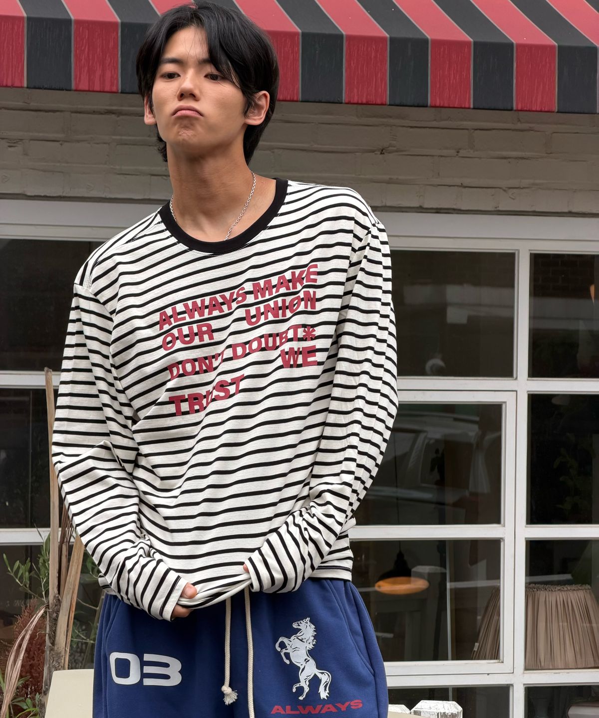 아모우(AMOU) Lettering Stripe Long Sleeve WHITE