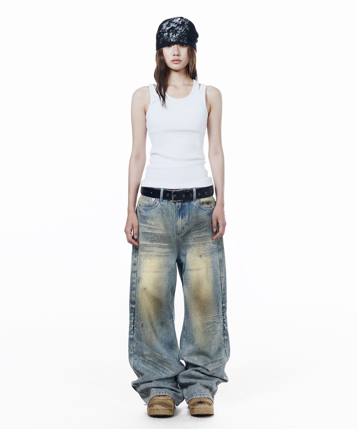 아캄(AAKAM) Washed Zipper Slit Denim Pants (Light Blue)