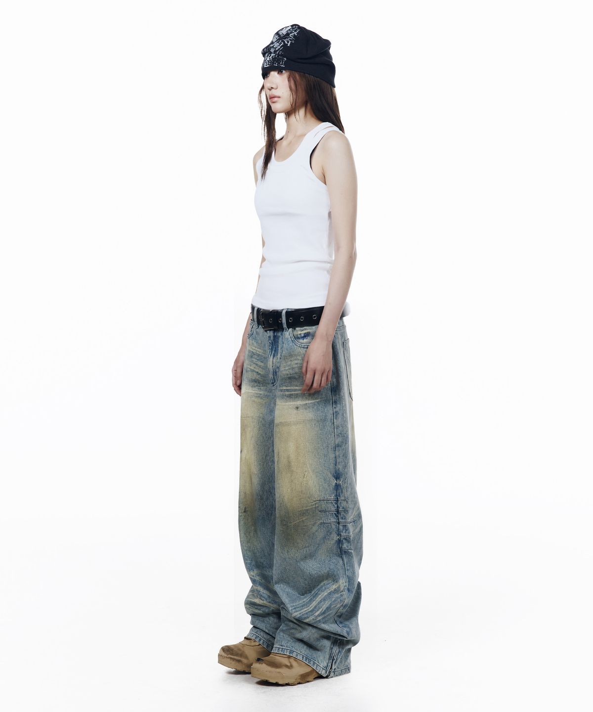 아캄(AAKAM) Washed Zipper Slit Denim Pants (Light Blue)