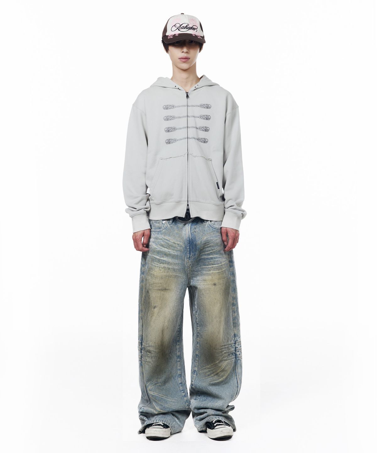 아캄(AAKAM) Washed Zipper Slit Denim Pants (Light Blue)