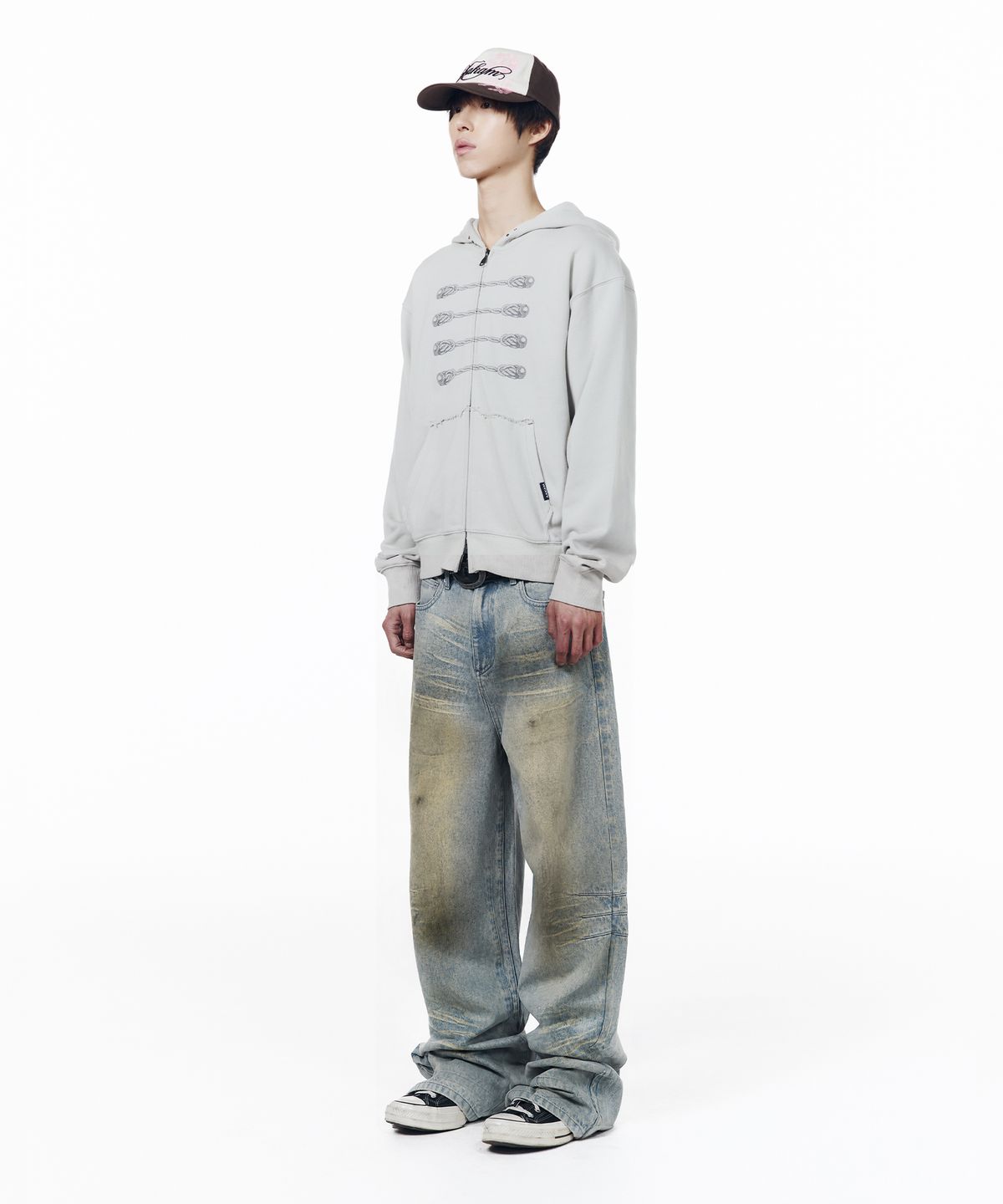 아캄(AAKAM) Washed Zipper Slit Denim Pants (Light Blue)